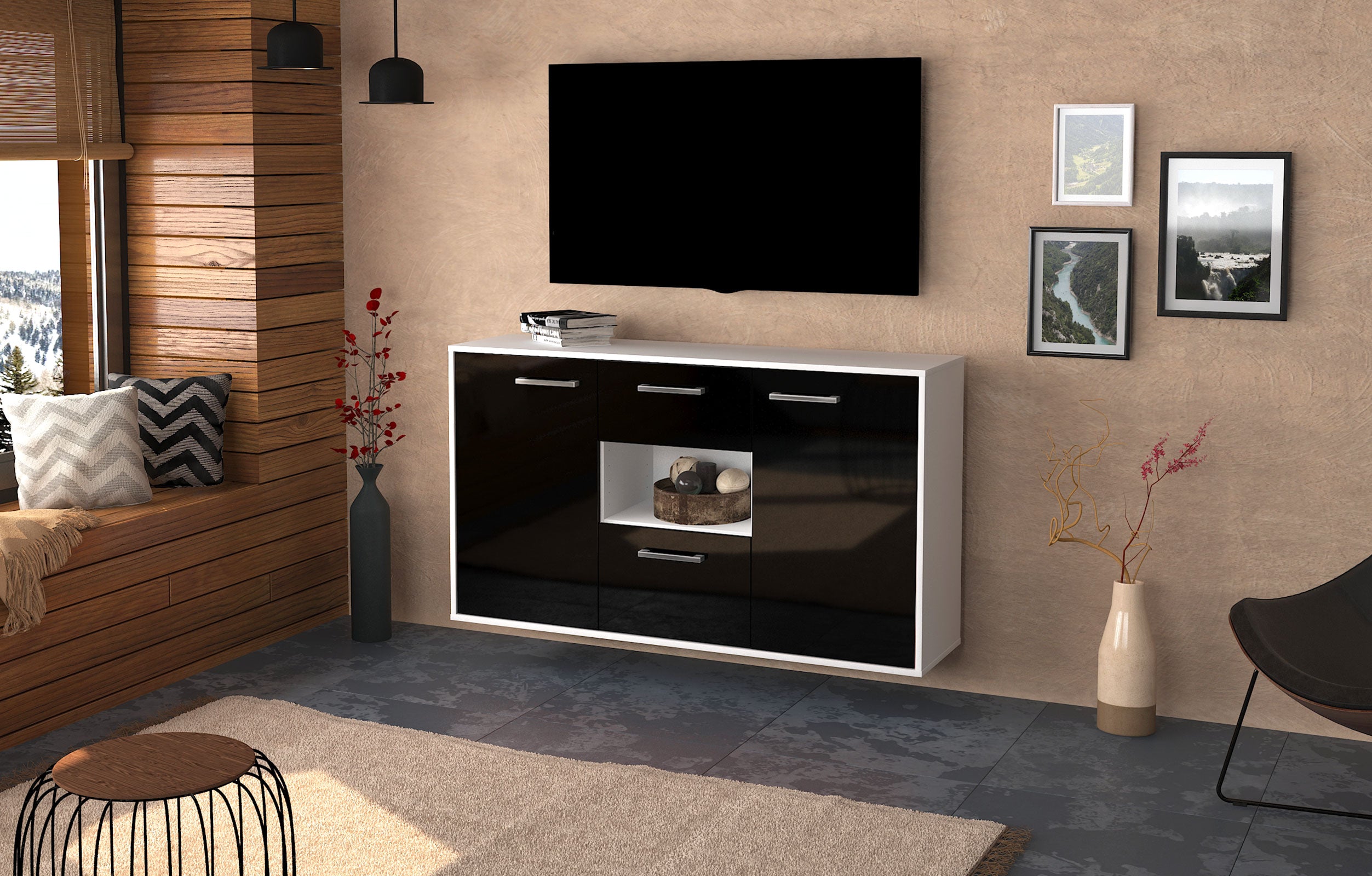 Sideboard - Doriana - Design Hochglanz - Wandmontage mit Griffe 136 cm Weiss