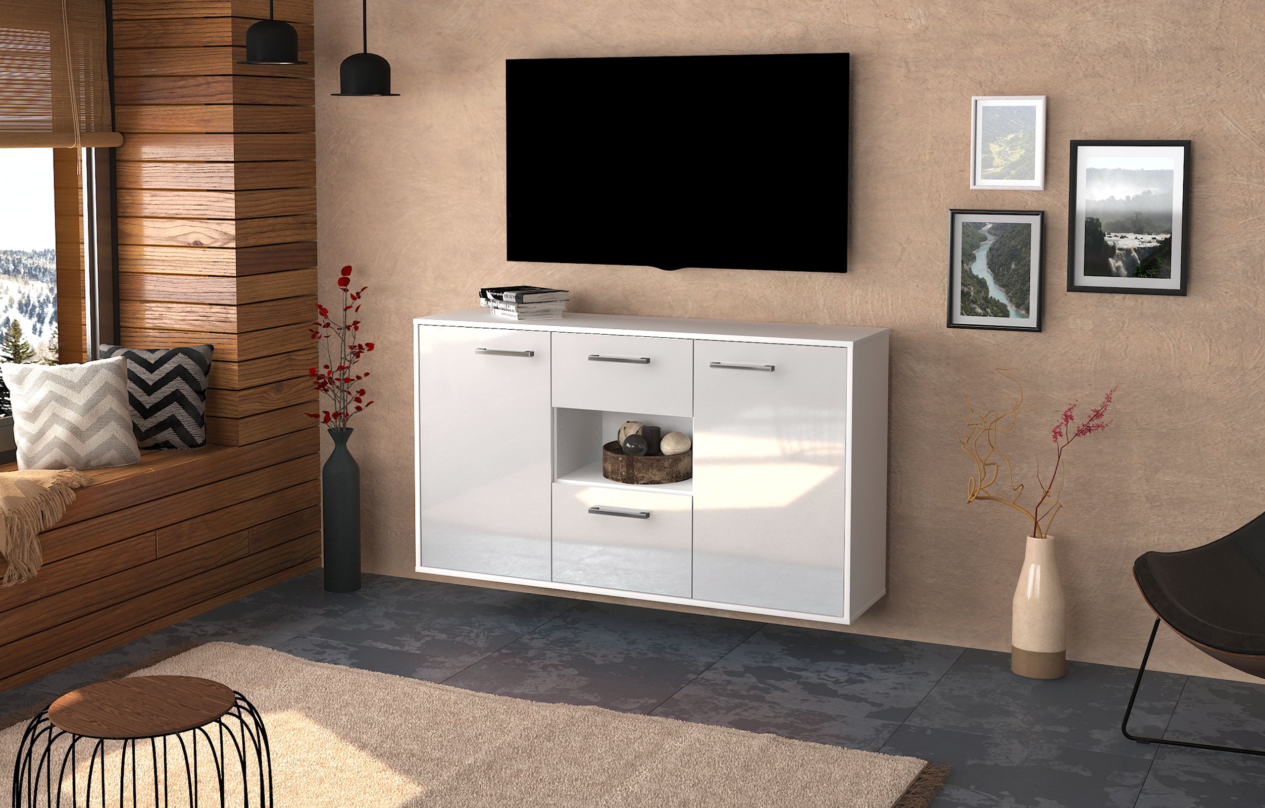 Sideboard - Doriana - Design Hochglanz - Wandmontage mit Griffe 136 cm Weiss