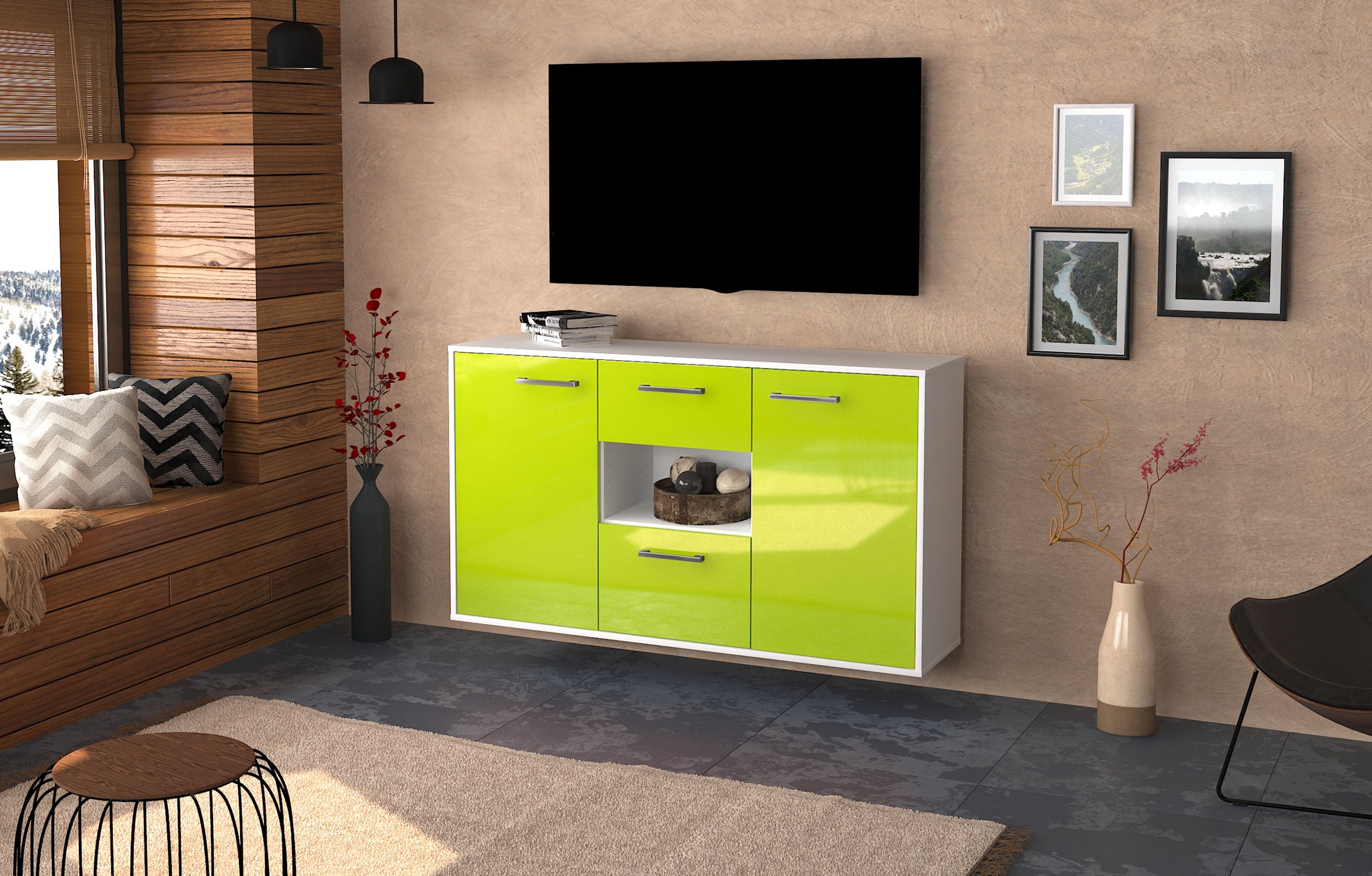 Sideboard - Doriana - Design Hochglanz - Wandmontage mit Griffe 136 cm Weiss