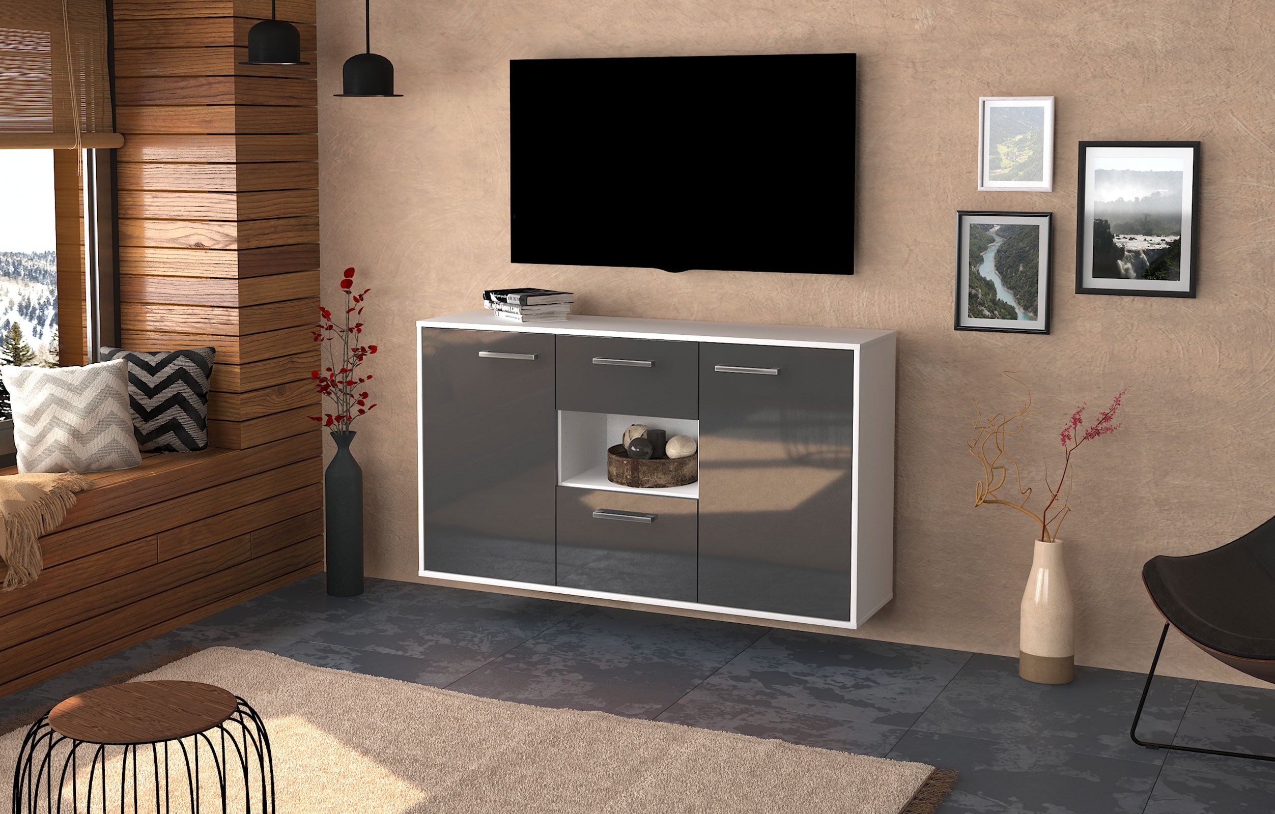 Sideboard - Doriana - Design Hochglanz - Wandmontage mit Griffe 136 cm Weiss