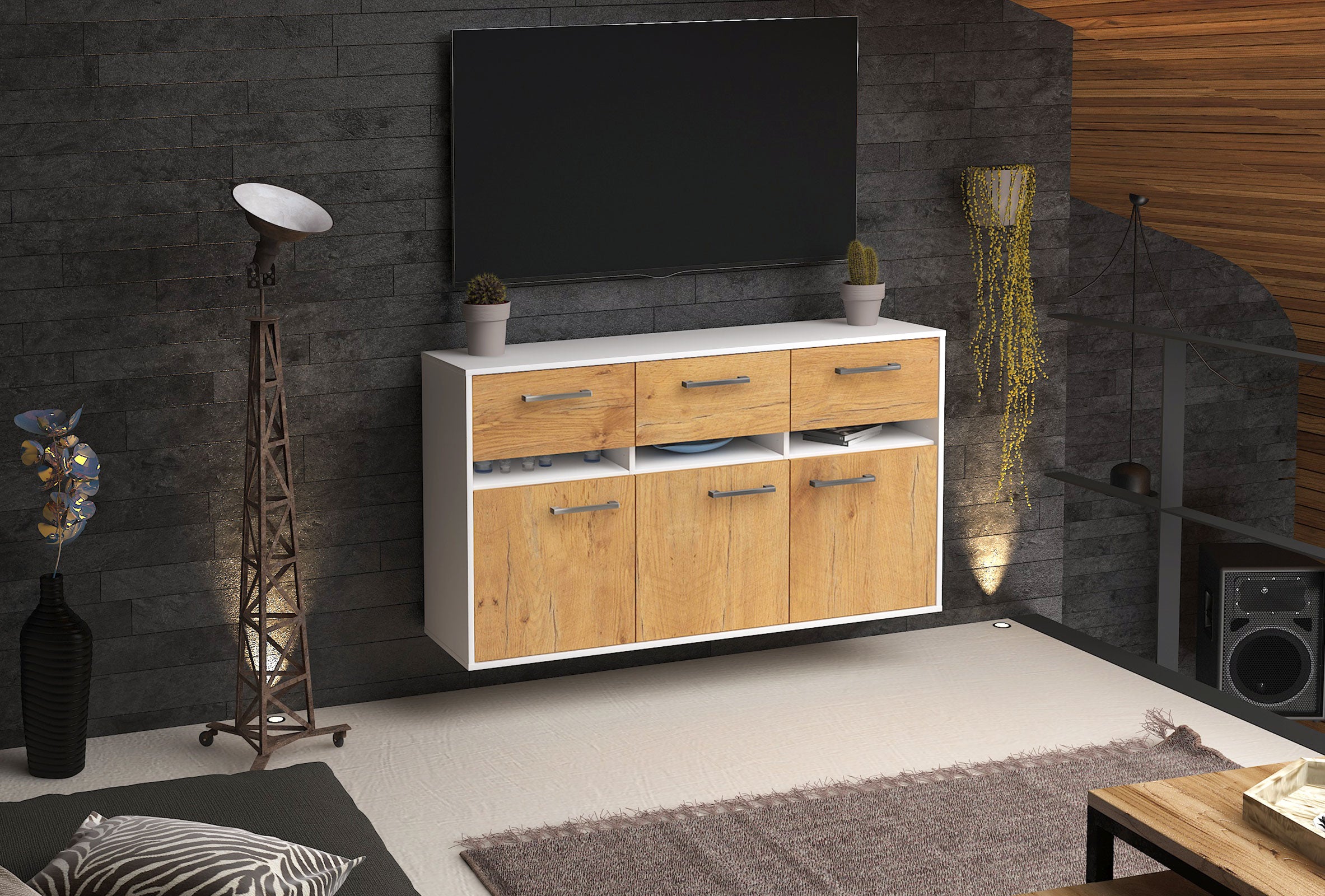 Sideboard - Dorinde - Design Holzdekor - Wandmontage mit Griffe 136 cm Weiss