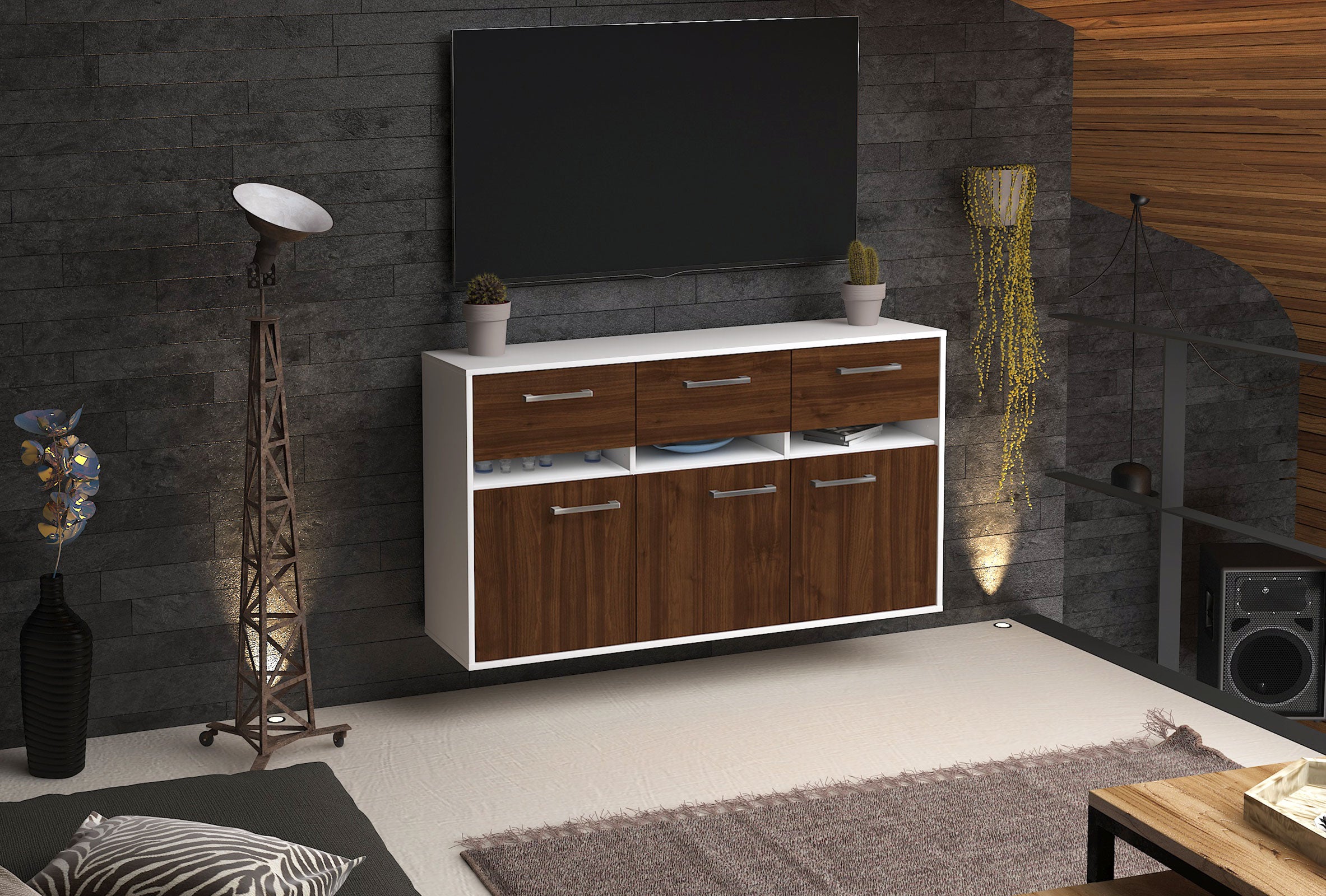 Sideboard - Dorinde - Design Holzdekor - Wandmontage mit Griffe 136 cm Weiss