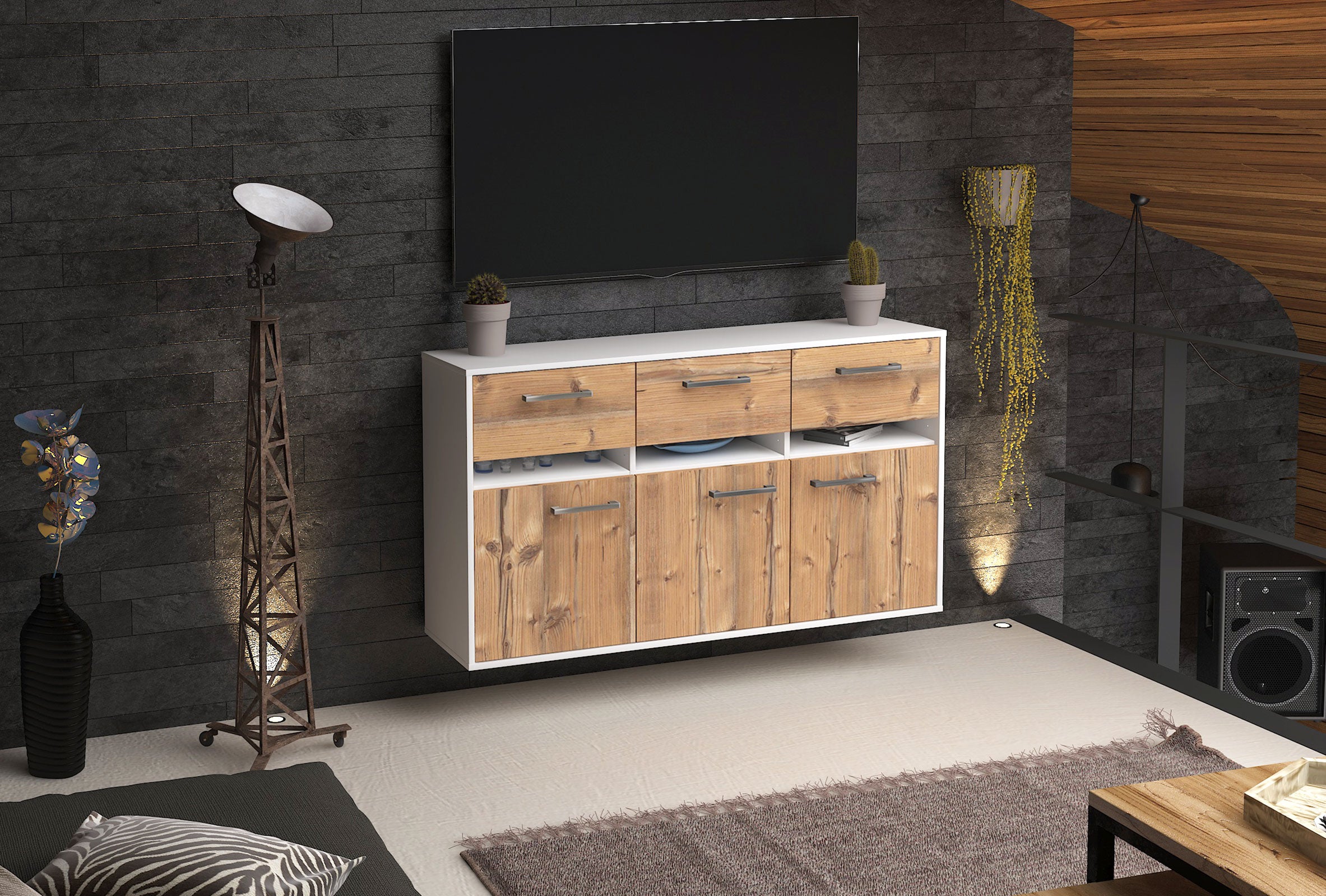 Sideboard - Dorinde - Design Holzdekor - Wandmontage mit Griffe 136 cm Weiss