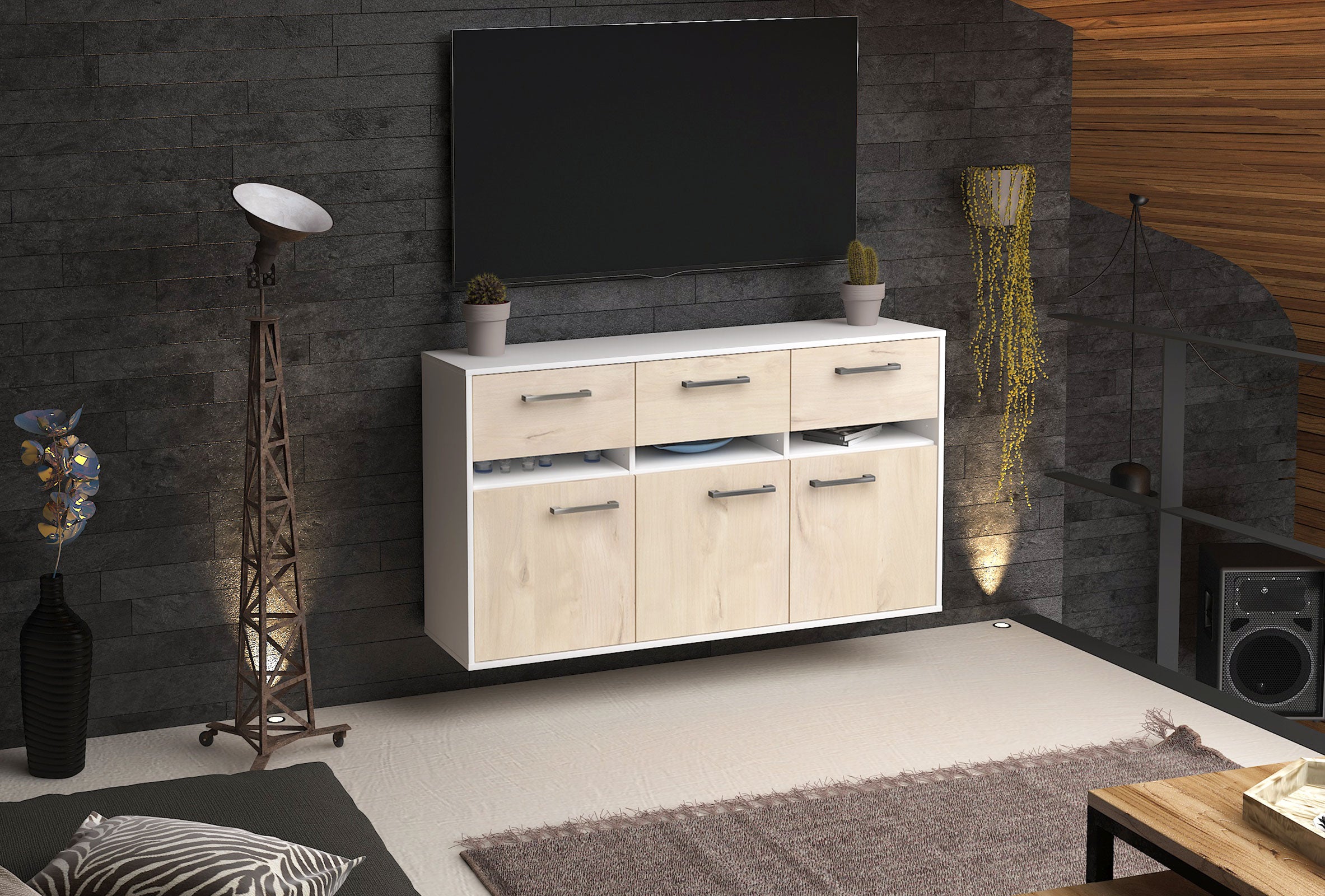 Sideboard - Dorinde - Design Holzdekor - Wandmontage mit Griffe 136 cm Weiss