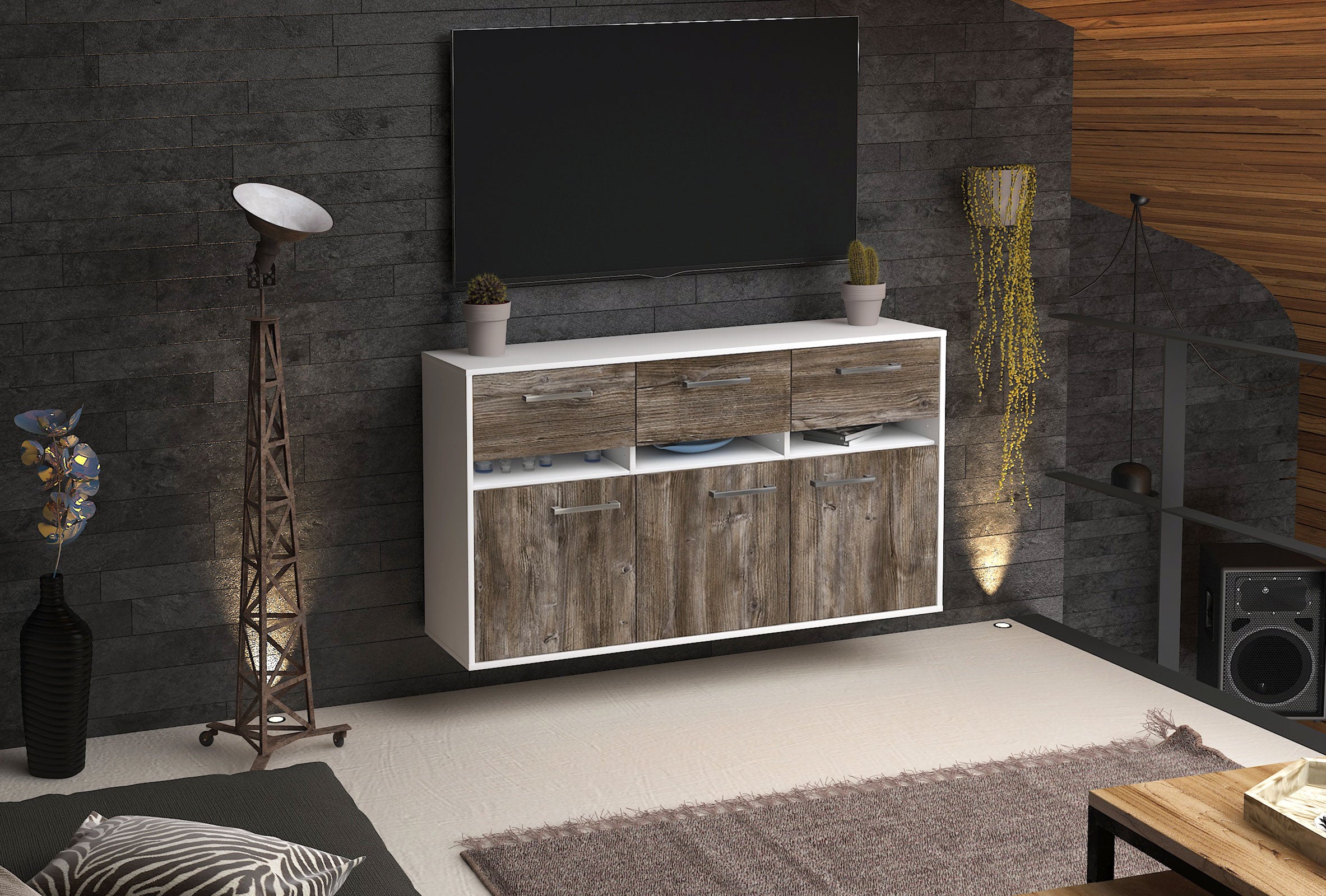 Sideboard - Dorinde - Design Holzdekor - Wandmontage mit Griffe 136 cm Weiss