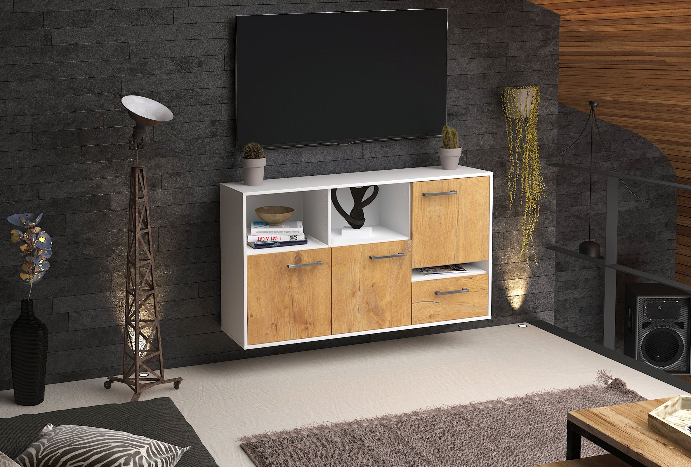 Sideboard - EDA - Design Holzdekor - Wandmontage mit Griffe 136 cm Weiss