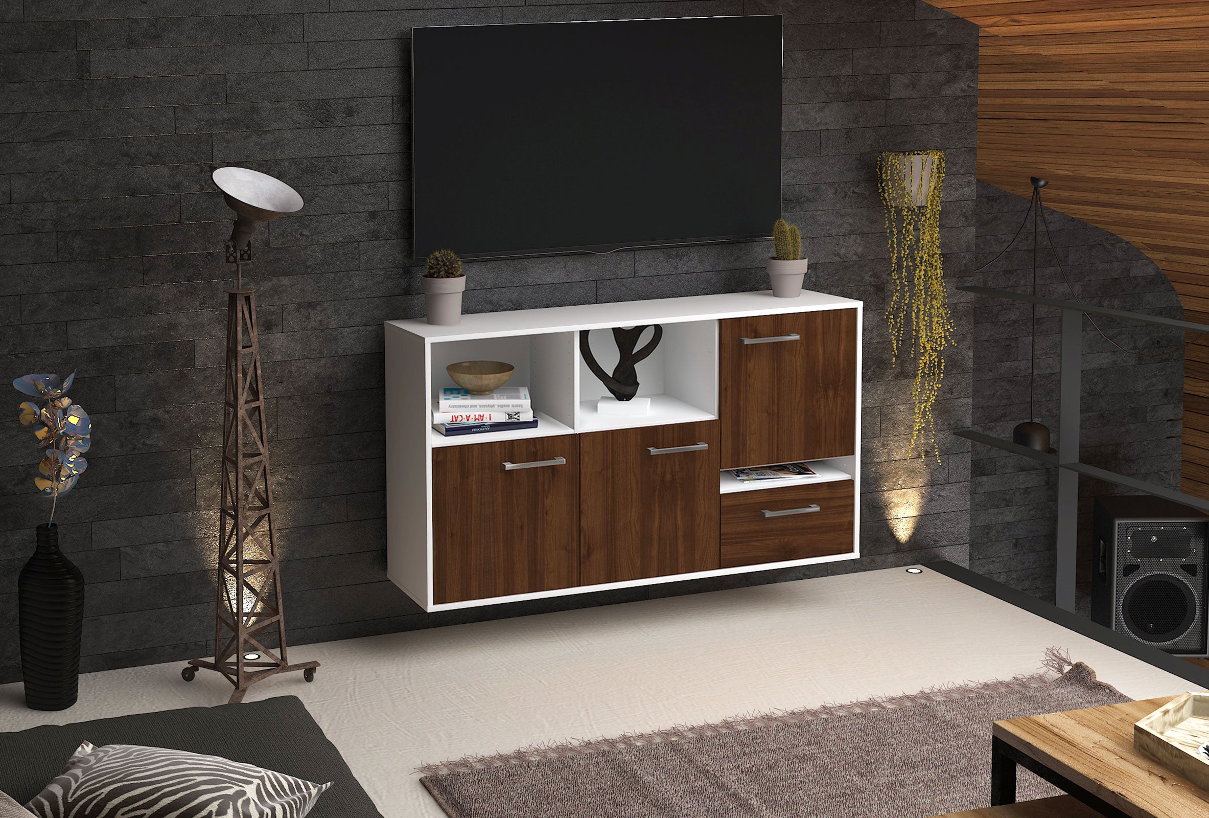 Sideboard - EDA - Design Holzdekor - Wandmontage mit Griffe 136 cm Weiss