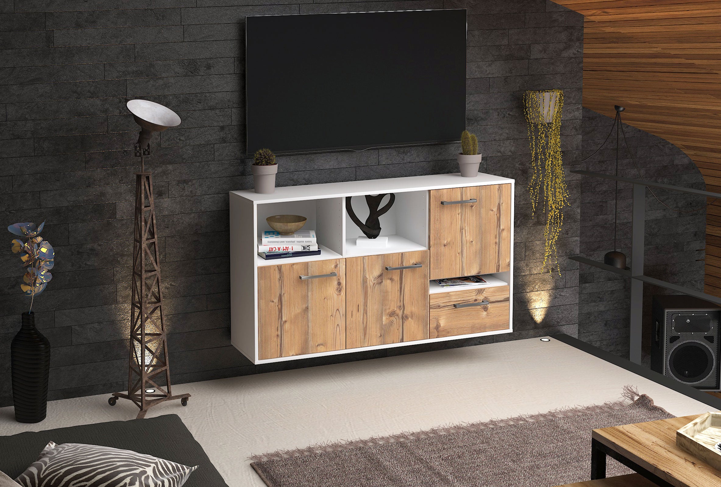 Sideboard - EDA - Design Holzdekor - Wandmontage mit Griffe 136 cm Weiss