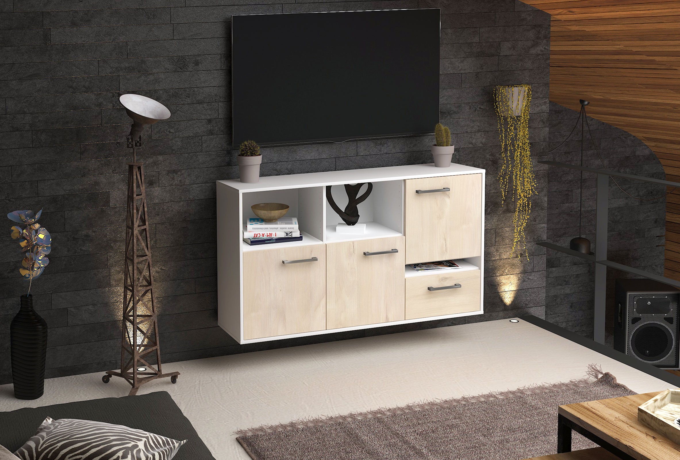 Sideboard - EDA - Design Holzdekor - Wandmontage mit Griffe 136 cm Weiss