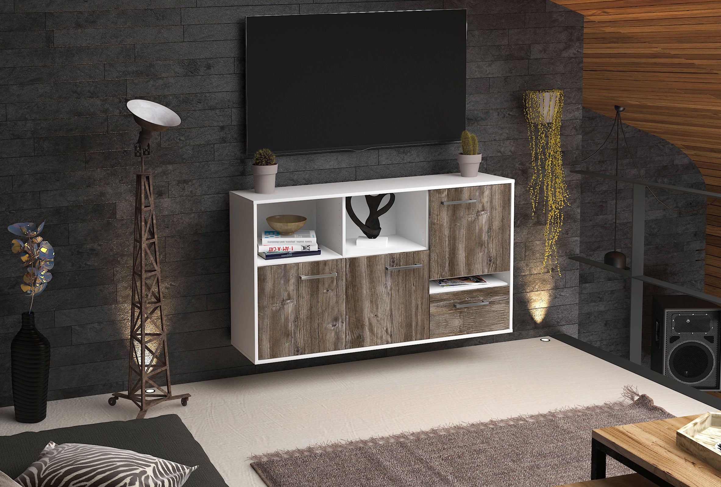 Sideboard - EDA - Design Holzdekor - Wandmontage mit Griffe 136 cm Weiss