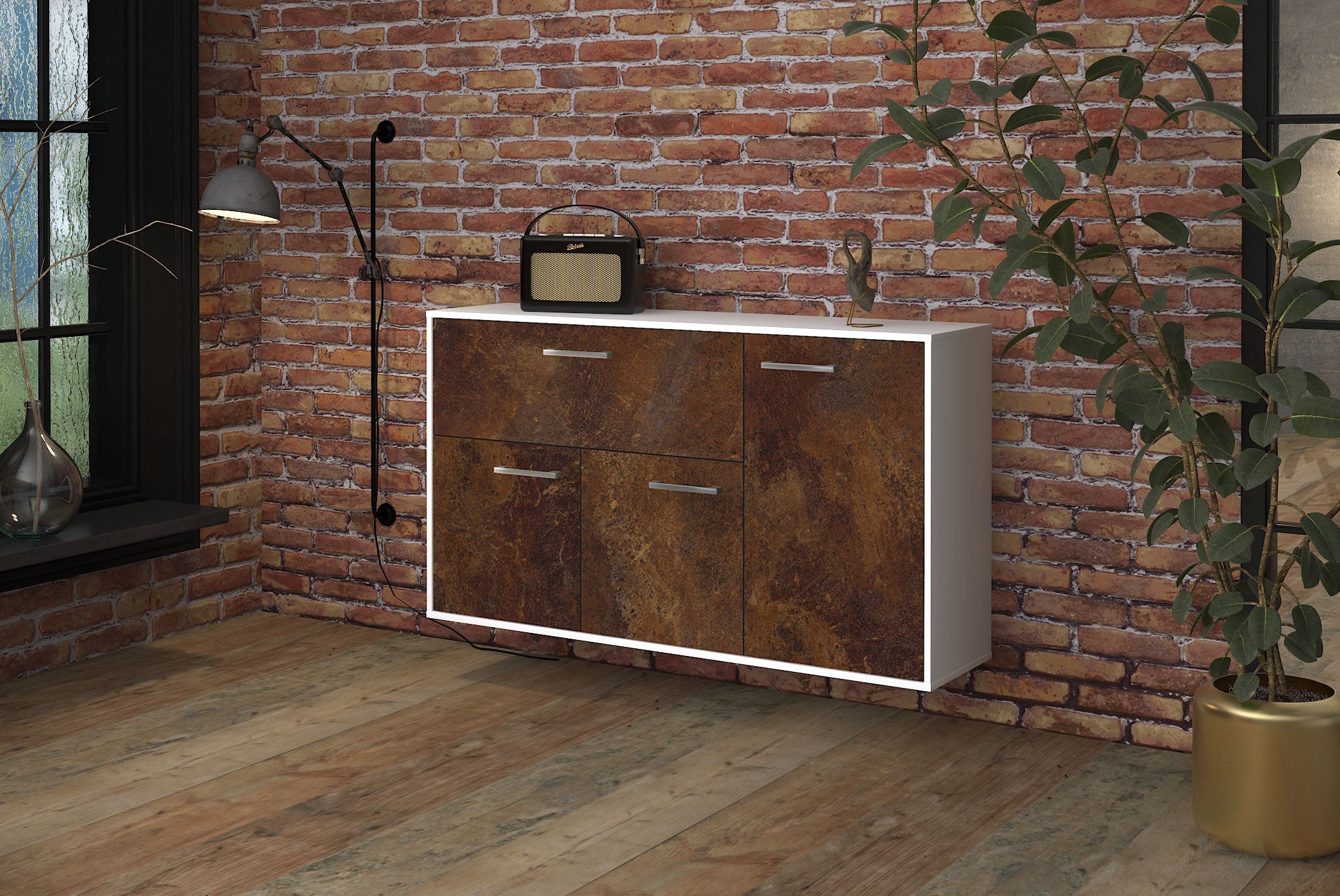 Sideboard - Edera - Design Industrie Stil - Wandmontage mit Griffe 136 cm Weiss