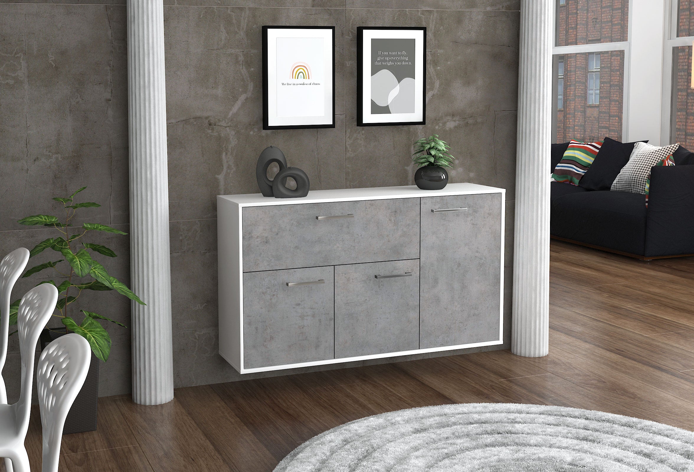 Sideboard - Edera - Design Industrie Stil - Wandmontage mit Griffe 136 cm Weiss