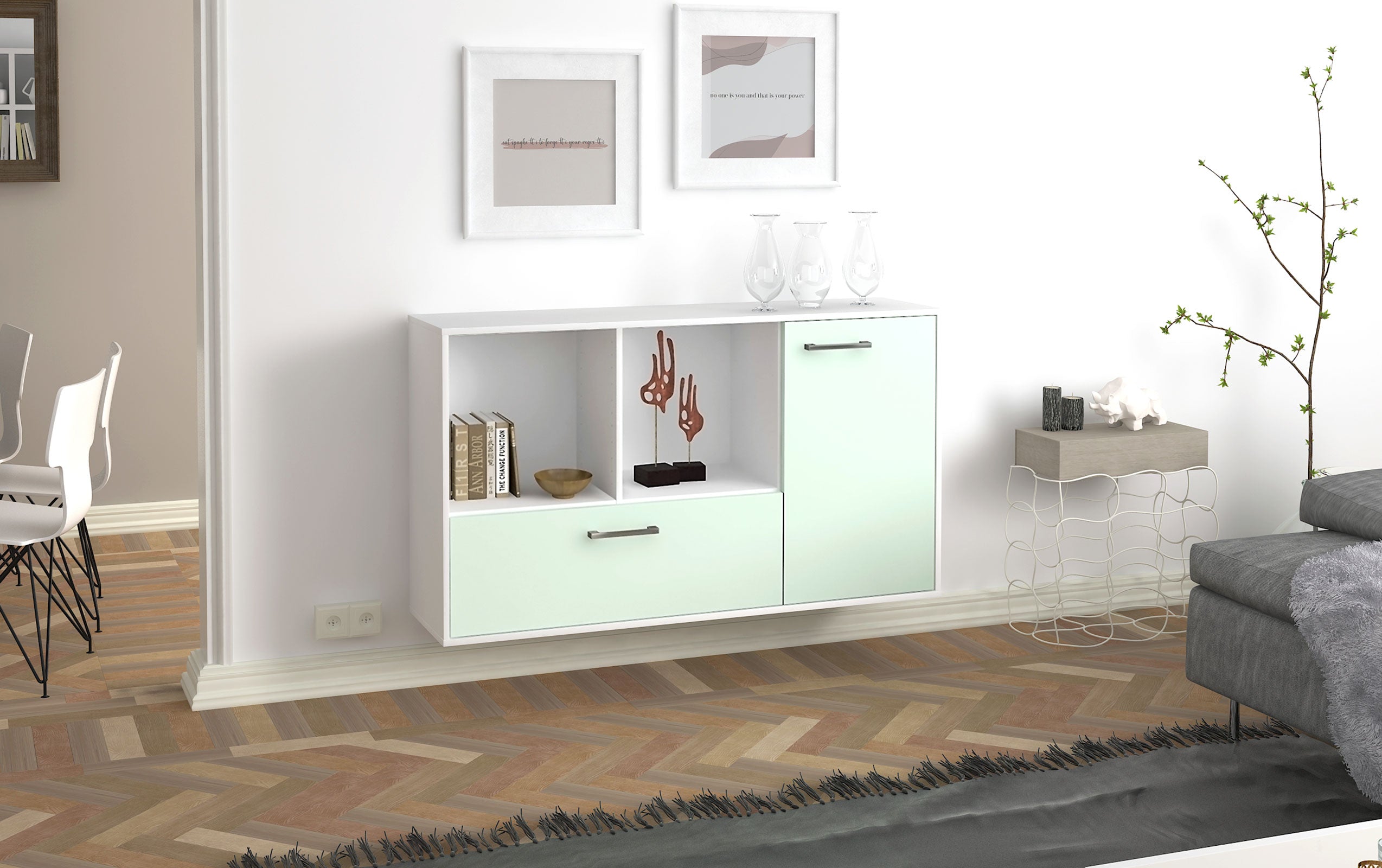 Sideboard - Ela - Design Farbakzent - Wandmontage mit Griffe 136 cm Weiss