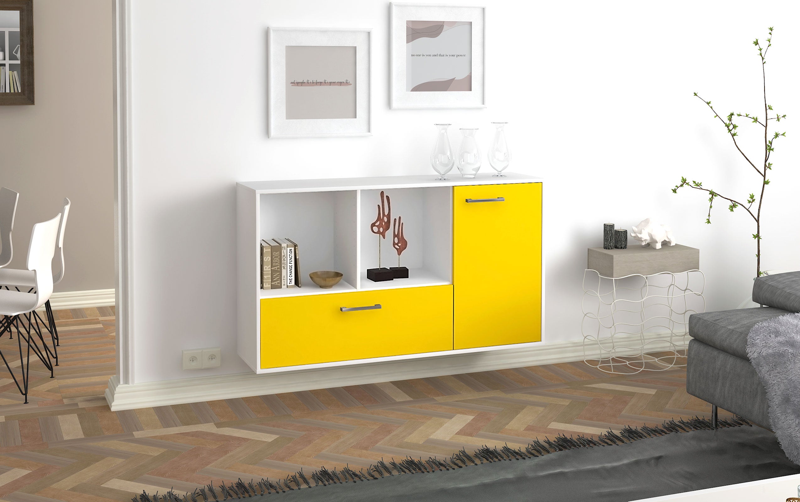 Sideboard - Ela - Design Farbakzent - Wandmontage mit Griffe 136 cm Weiss