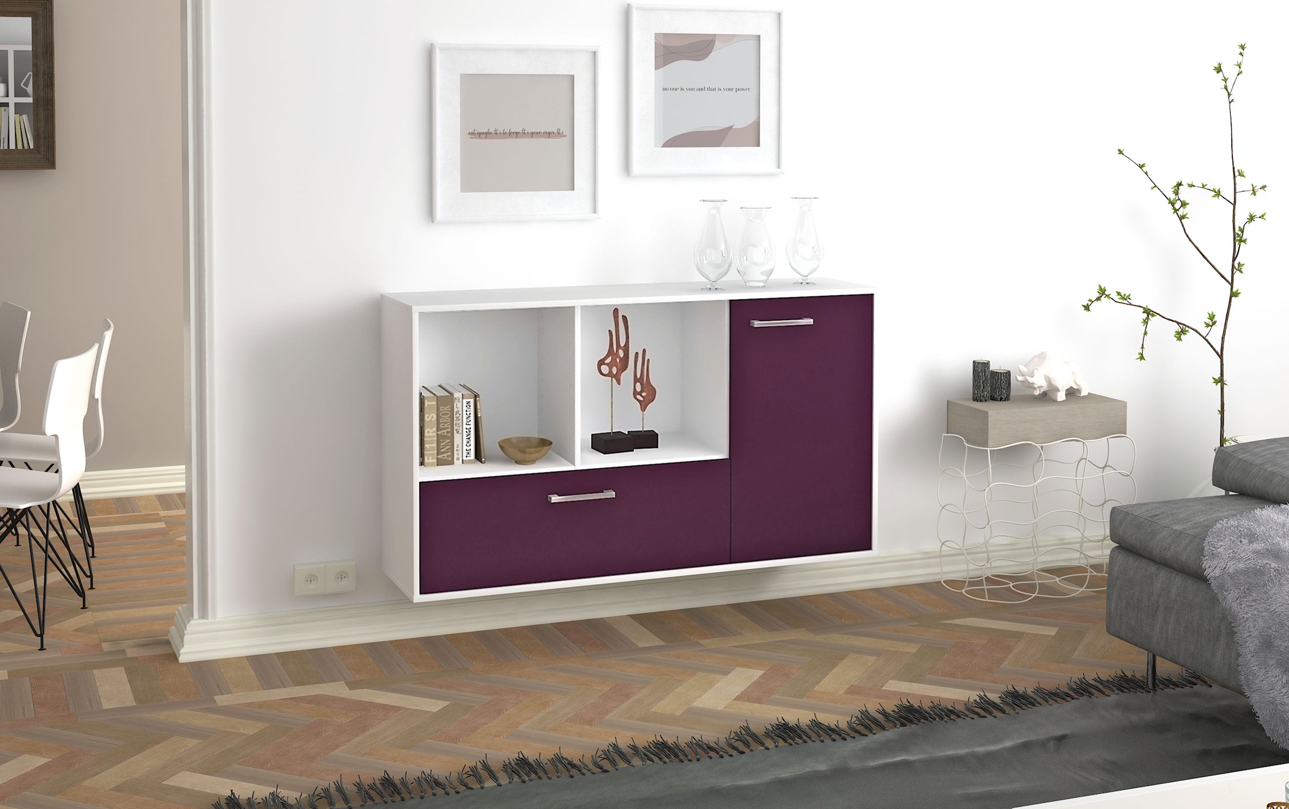 Sideboard - Ela - Design Farbakzent - Wandmontage mit Griffe 136 cm Weiss