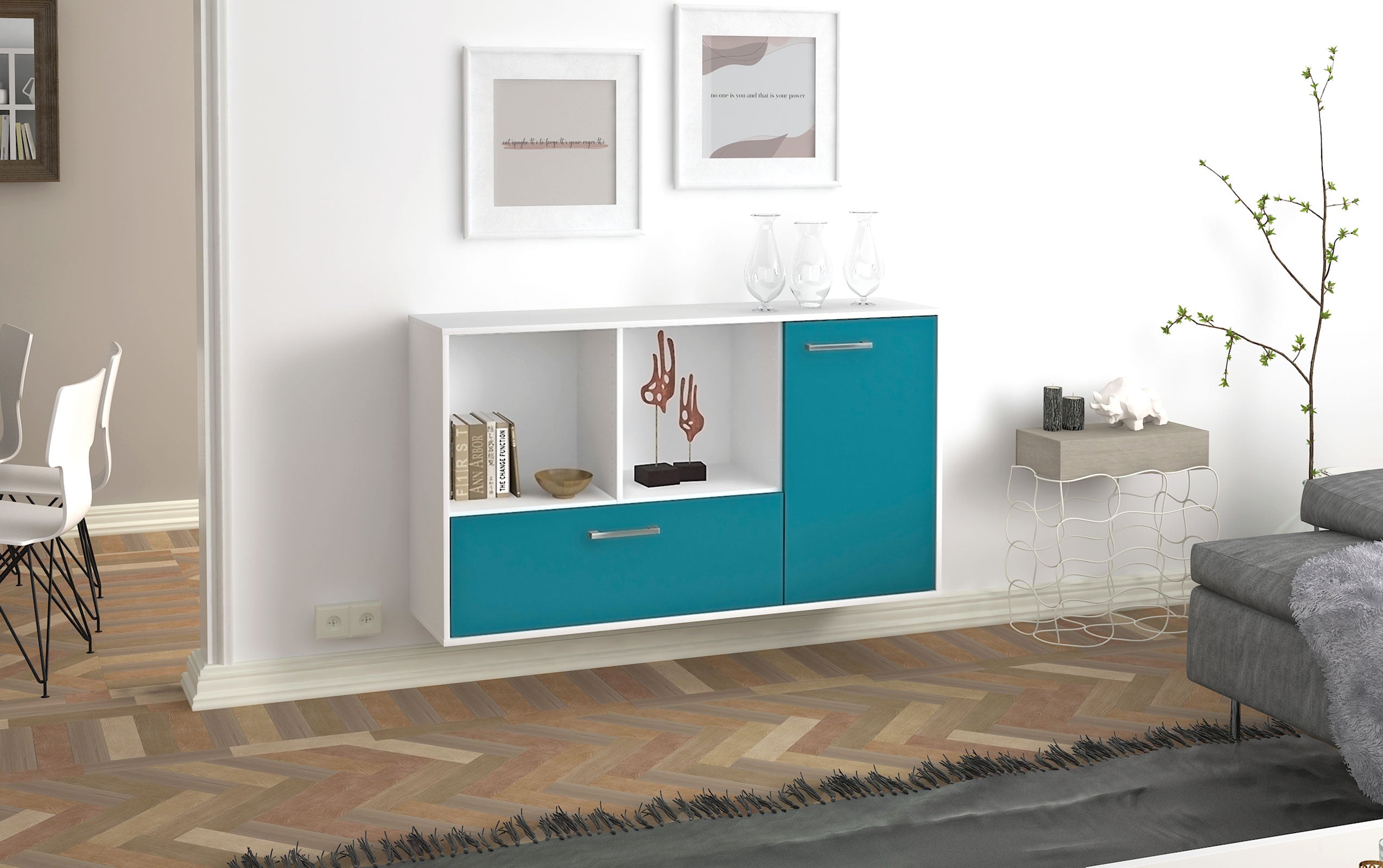 Sideboard - Ela - Design Farbakzent - Wandmontage mit Griffe 136 cm Weiss