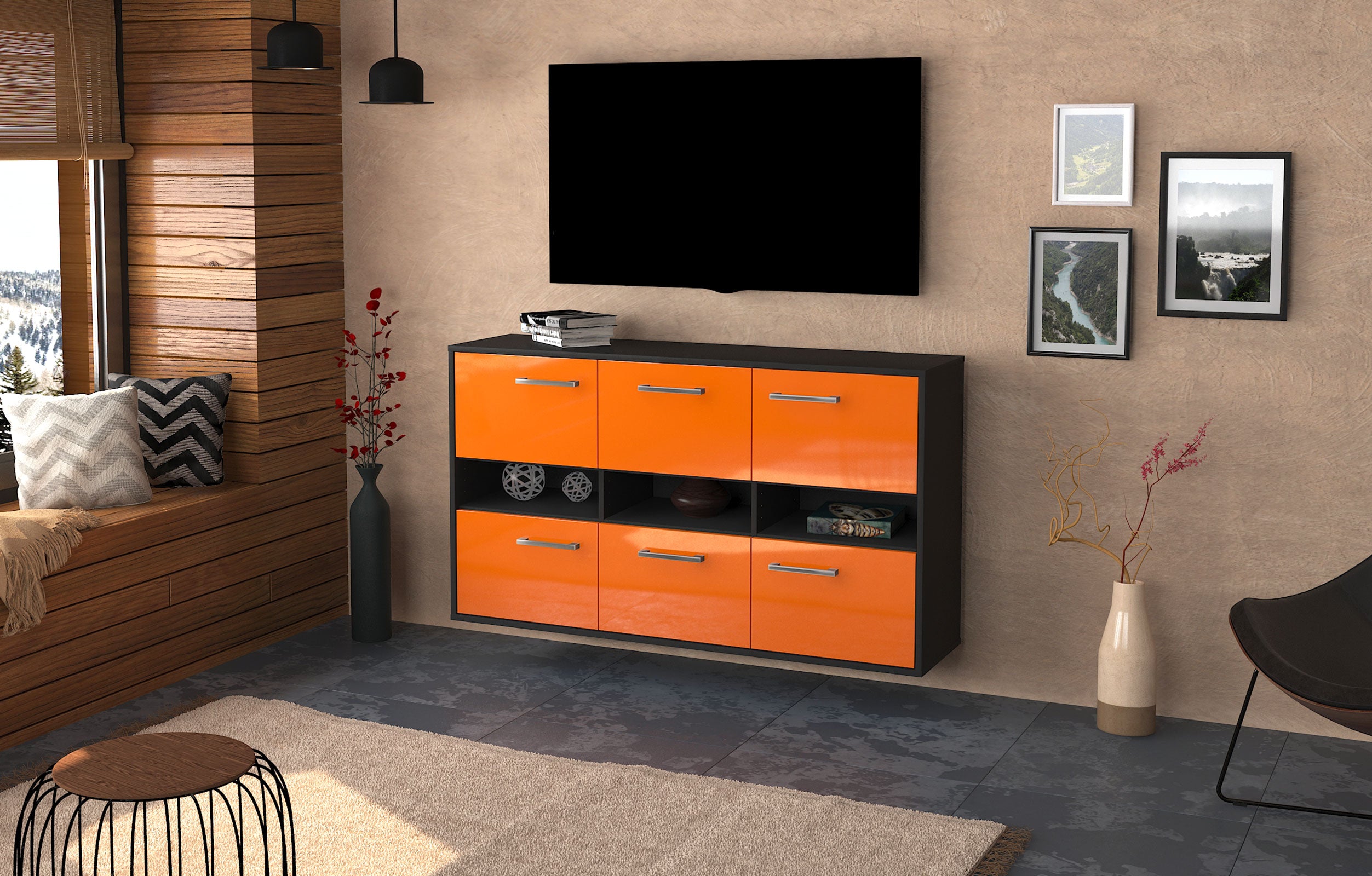 Sideboard - Diletta - Design Hochglanz - Wandmontage mit Griffe 136 cm Anthrazit