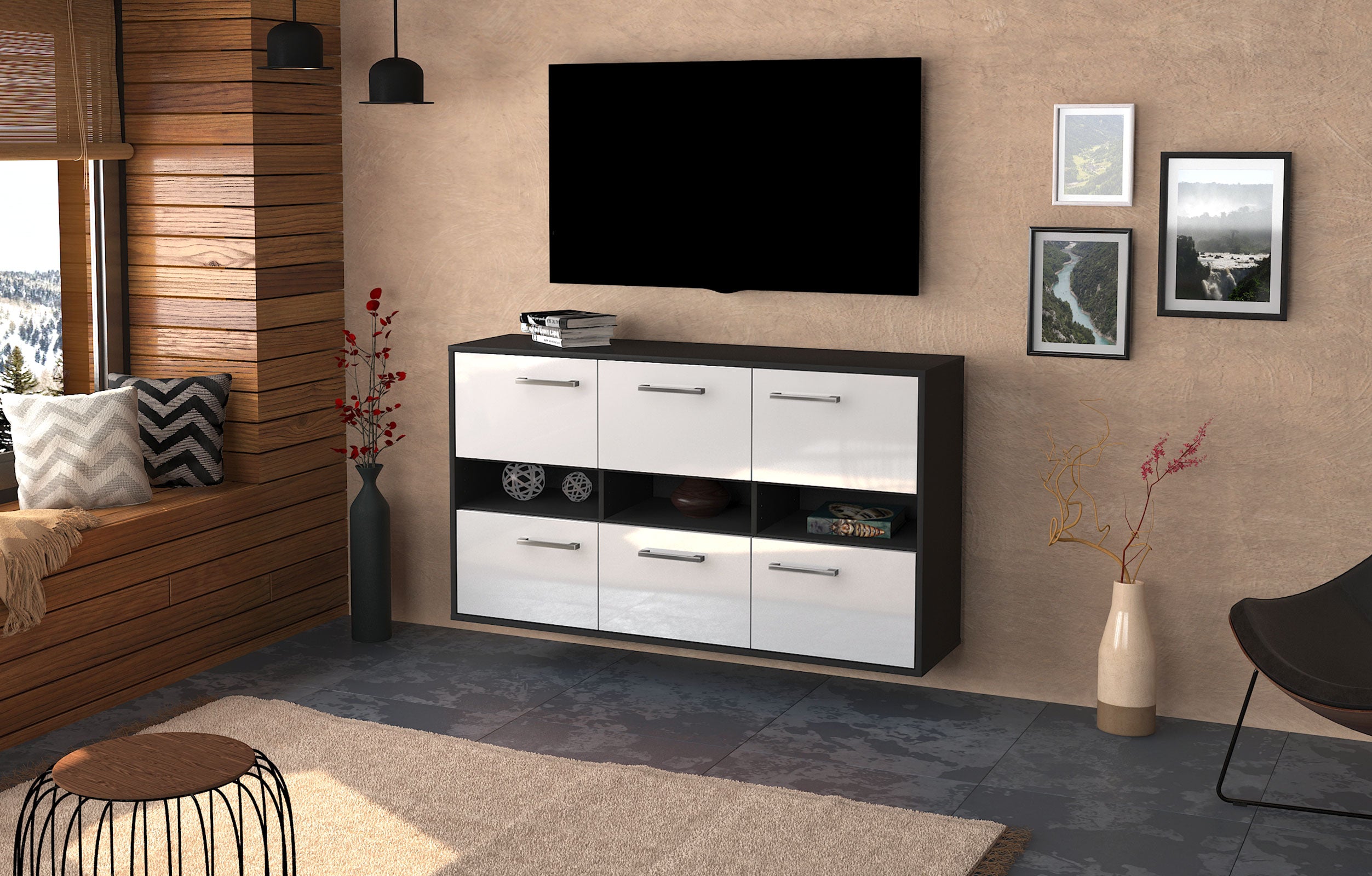 Sideboard - Diletta - Design Hochglanz - Wandmontage mit Griffe 136 cm Anthrazit