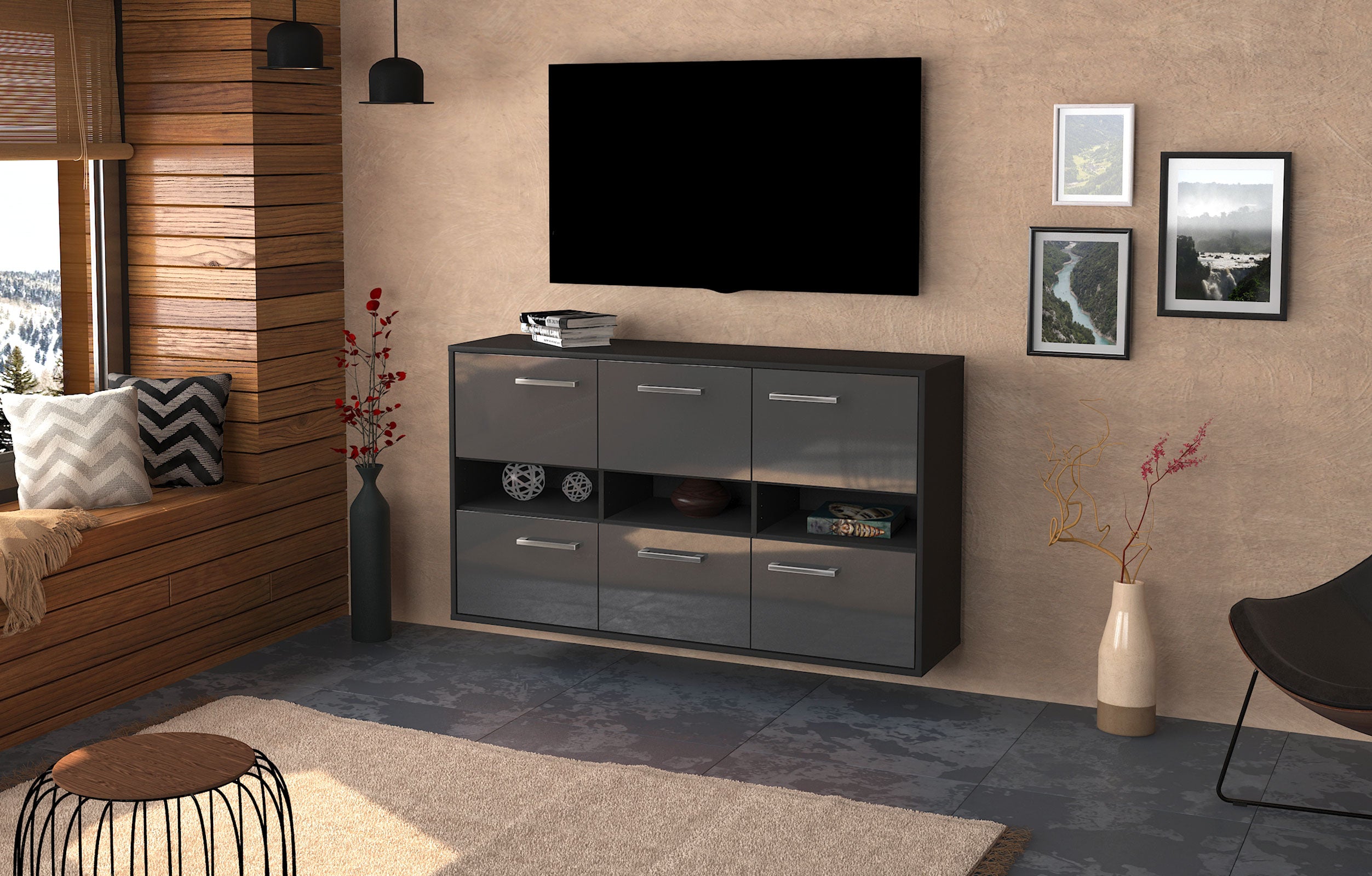 Sideboard - Diletta - Design Hochglanz - Wandmontage mit Griffe 136 cm Anthrazit