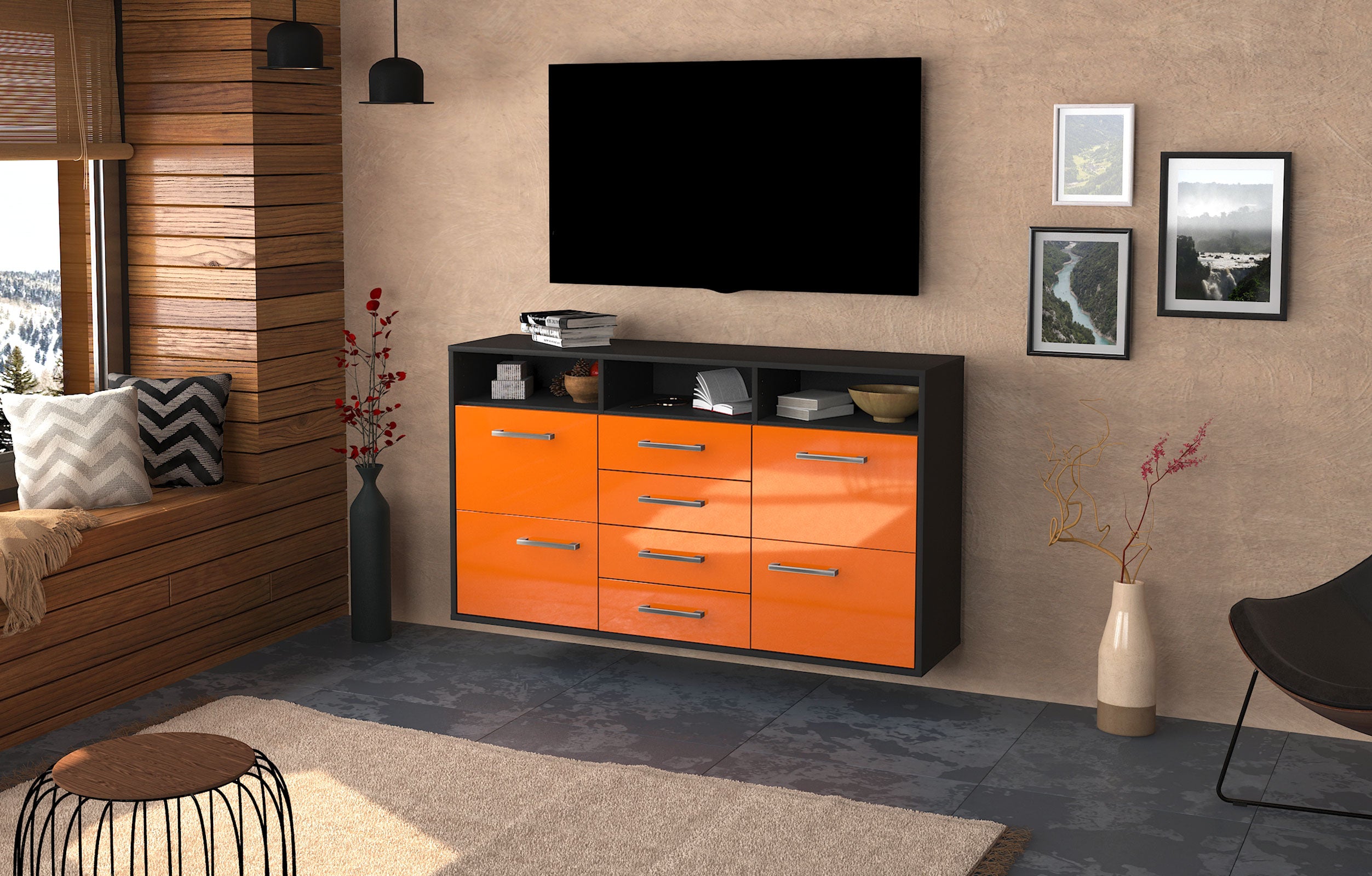 Sideboard - Donabella - Design Hochglanz - Wandmontage mit Griffe 136 cm Anthrazit