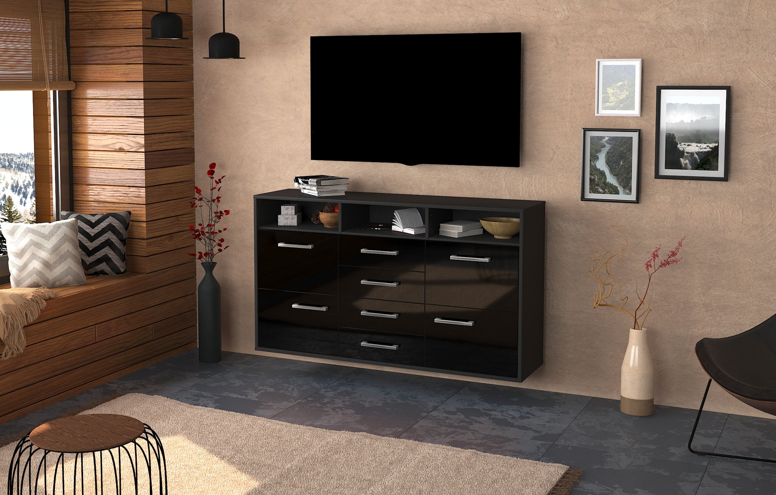 Sideboard - Donabella - Design Hochglanz - Wandmontage mit Griffe 136 cm Anthrazit