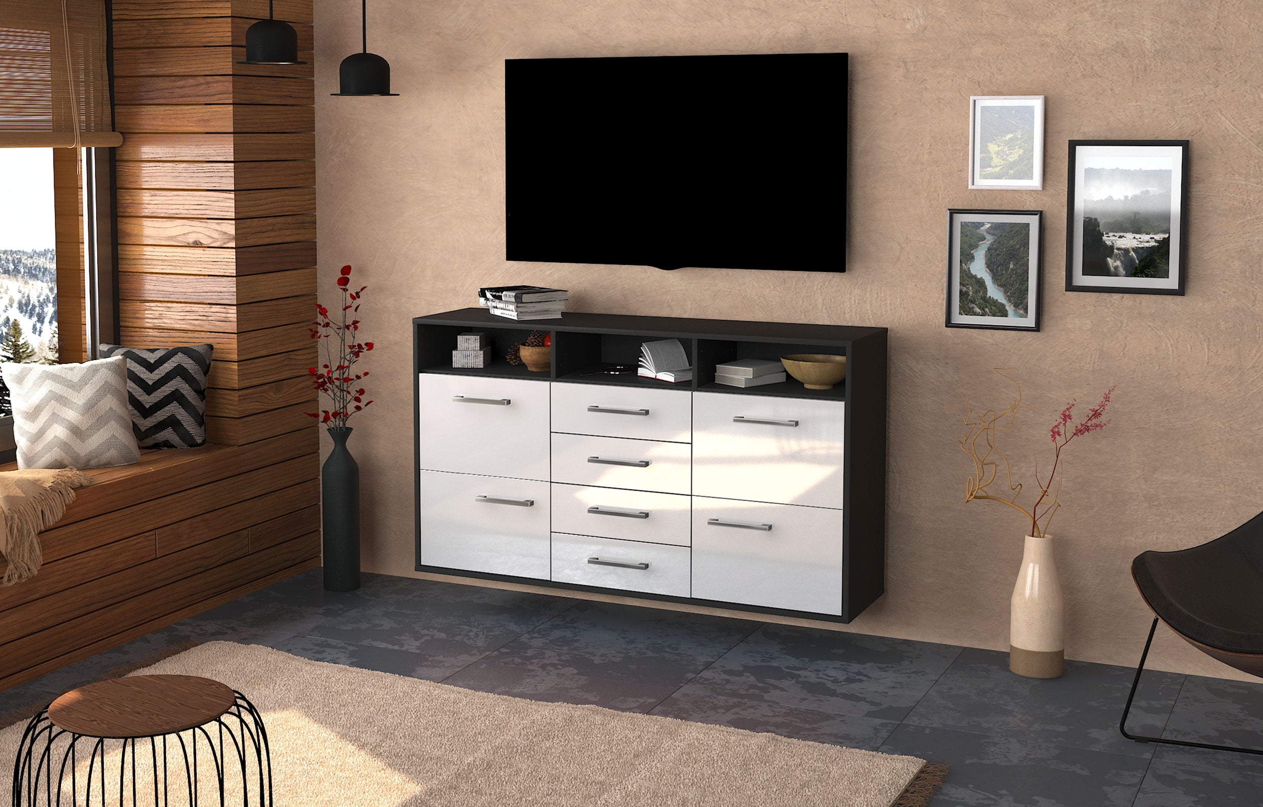 Sideboard - Donabella - Design Hochglanz - Wandmontage mit Griffe 136 cm Anthrazit