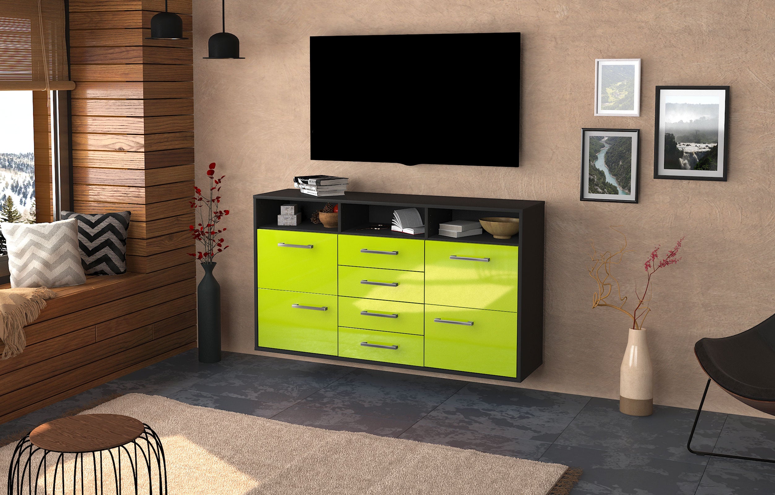 Sideboard - Donabella - Design Hochglanz - Wandmontage mit Griffe 136 cm Anthrazit