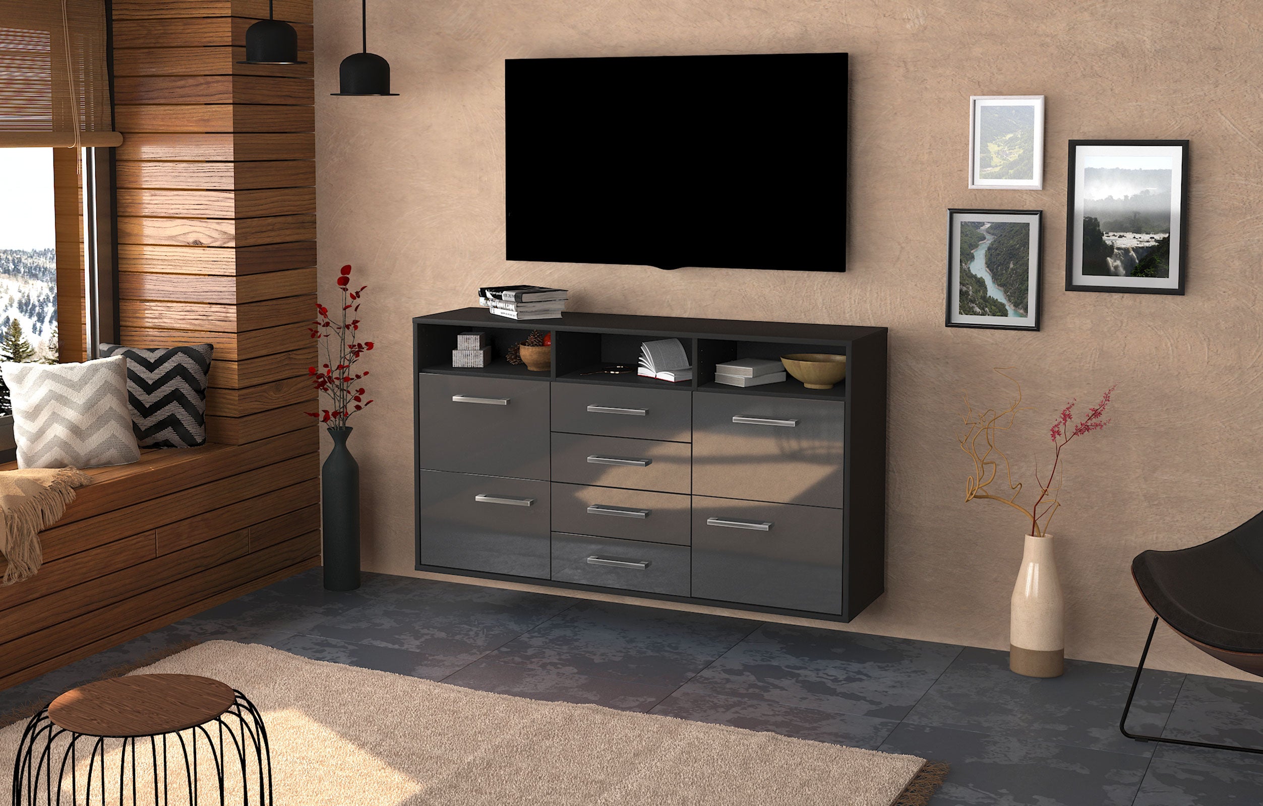 Sideboard - Donabella - Design Hochglanz - Wandmontage mit Griffe 136 cm Anthrazit