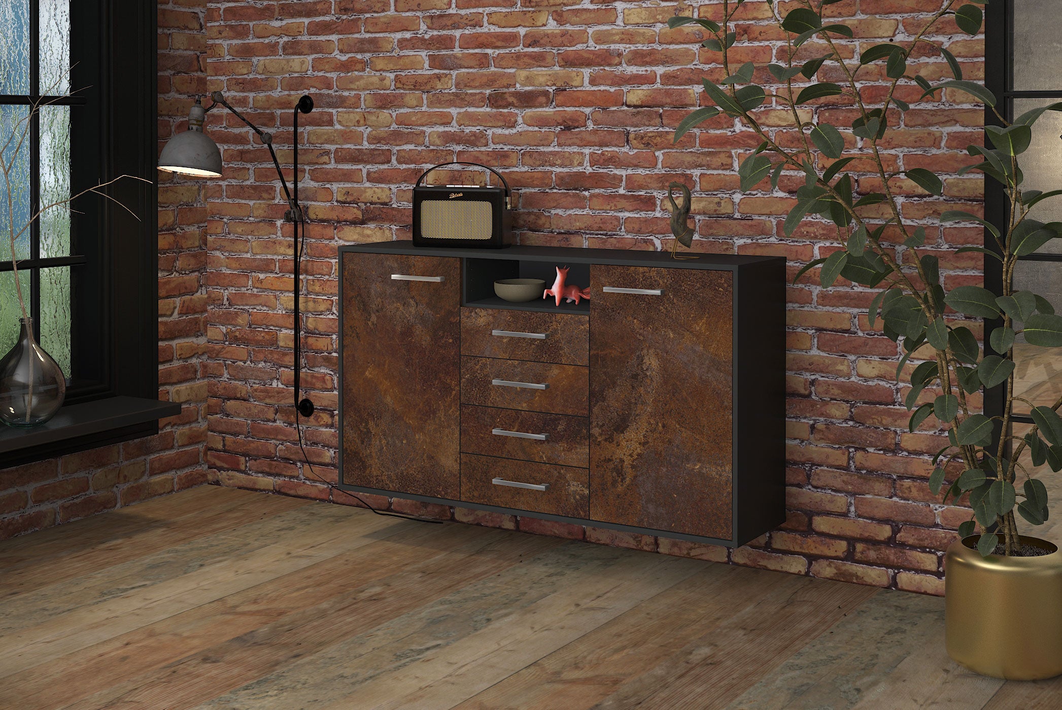 Sideboard - Donnice - Design Industrie Stil - Wandmontage mit Griffe 136 cm Anthrazit