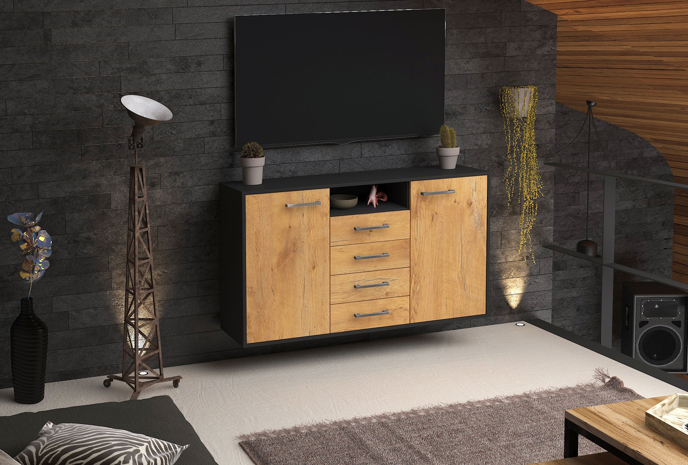 Sideboard - Donnice - Design Holzdekor - Wandmontage mit Griffe 136 cm Anthrazit