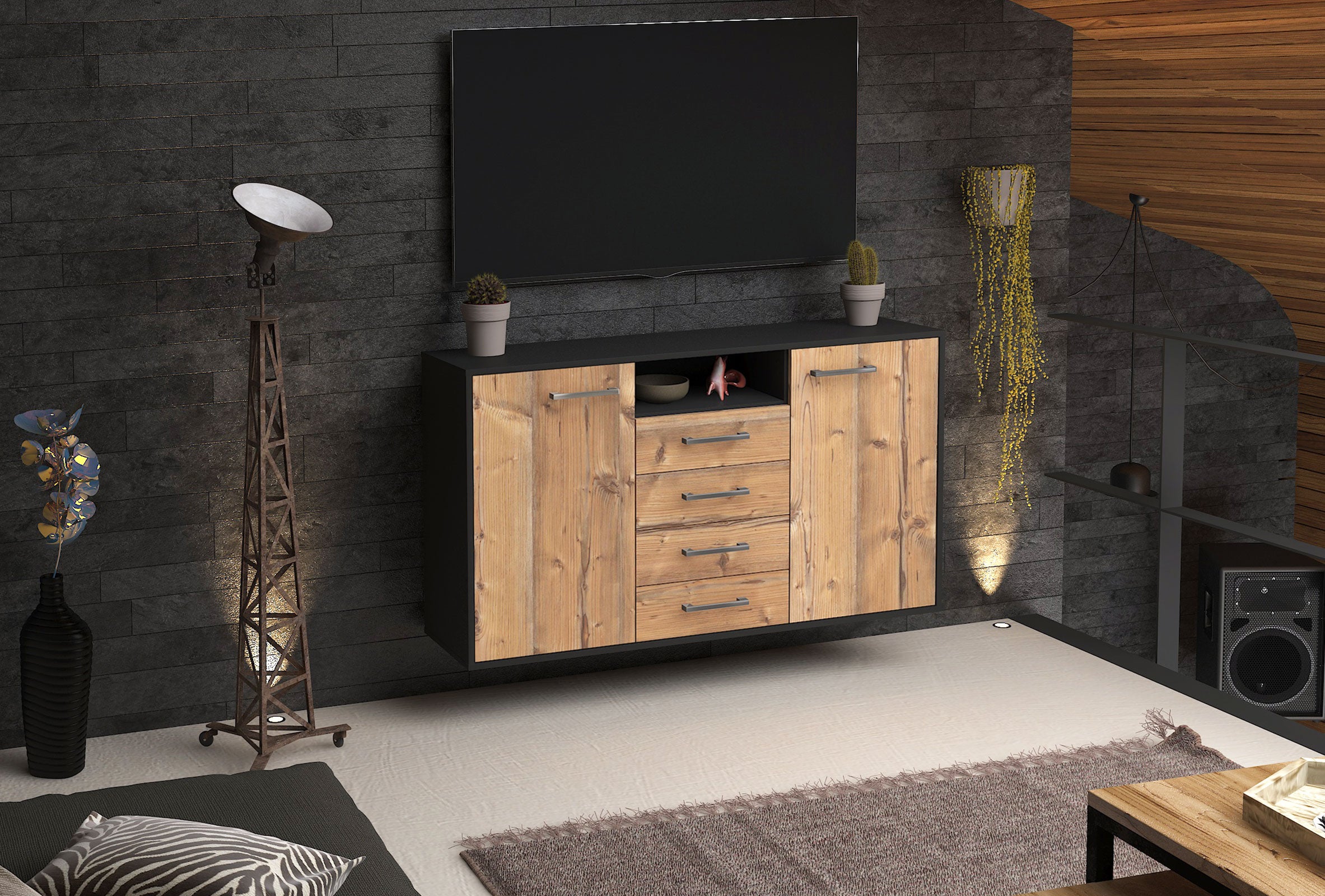 Sideboard - Donnice - Design Holzdekor - Wandmontage mit Griffe 136 cm Anthrazit