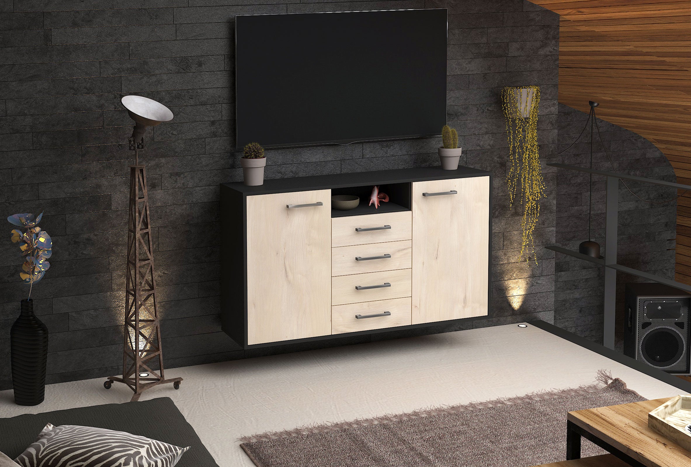 Sideboard - Donnice - Design Holzdekor - Wandmontage mit Griffe 136 cm Anthrazit