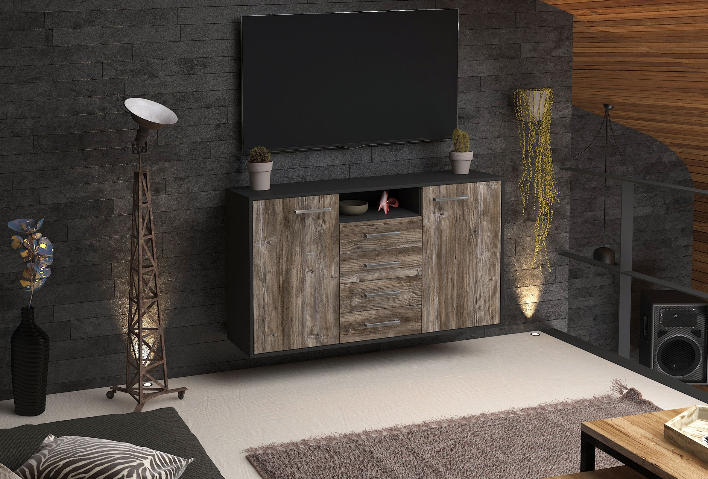 Sideboard - Donnice - Design Holzdekor - Wandmontage mit Griffe 136 cm Anthrazit