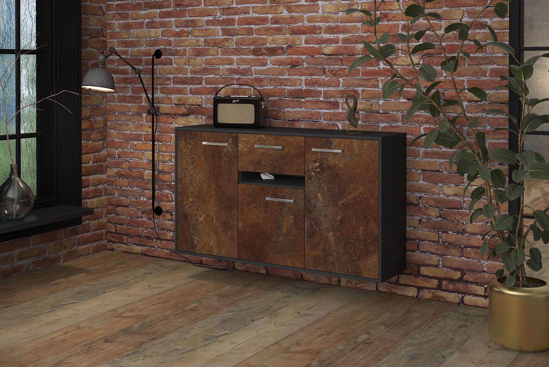 Sideboard - Dorina - Design Industrie Stil - Wandmontage mit Griffe 136 cm Anthrazit