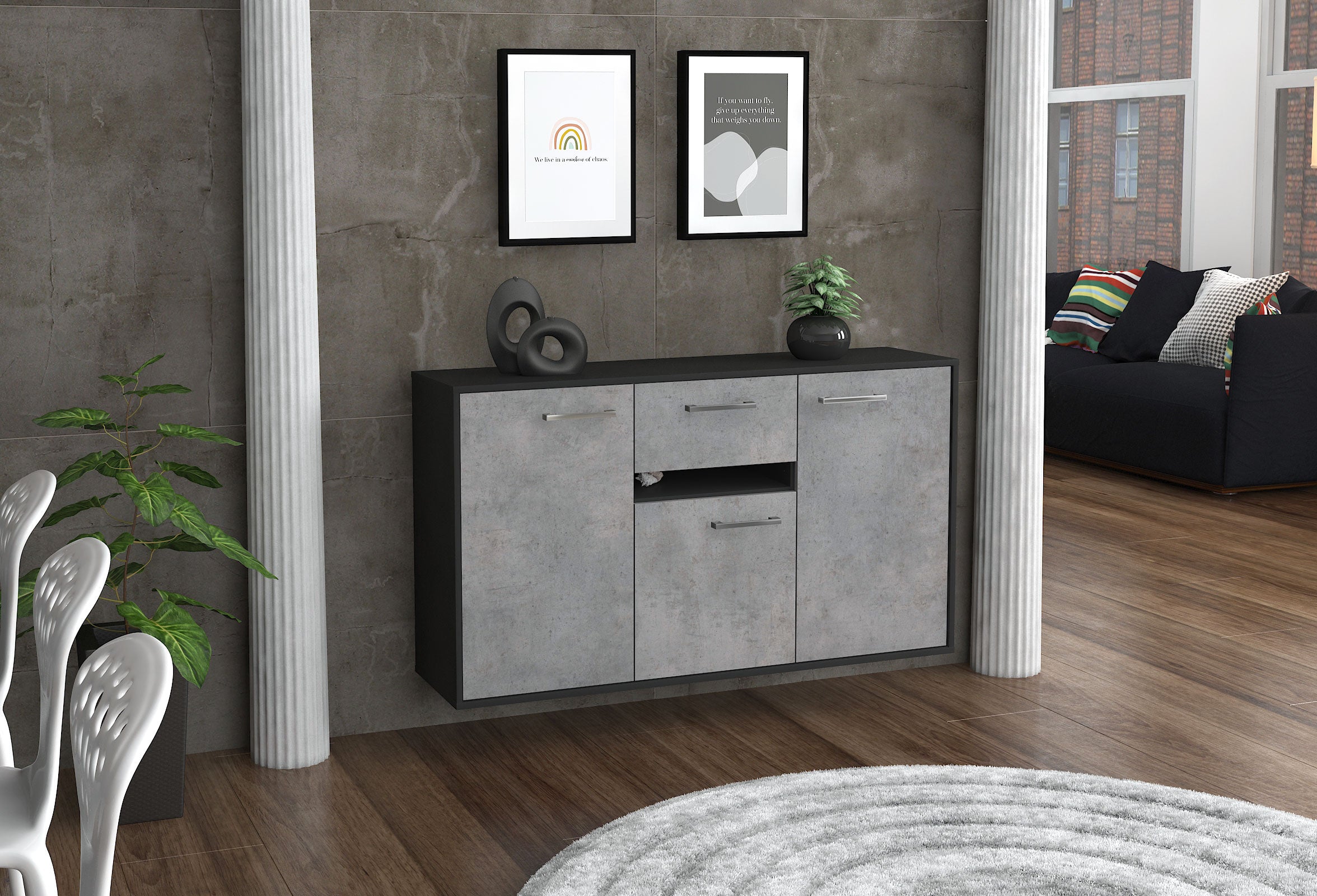 Sideboard - Dorina - Design Industrie Stil - Wandmontage mit Griffe 136 cm Anthrazit