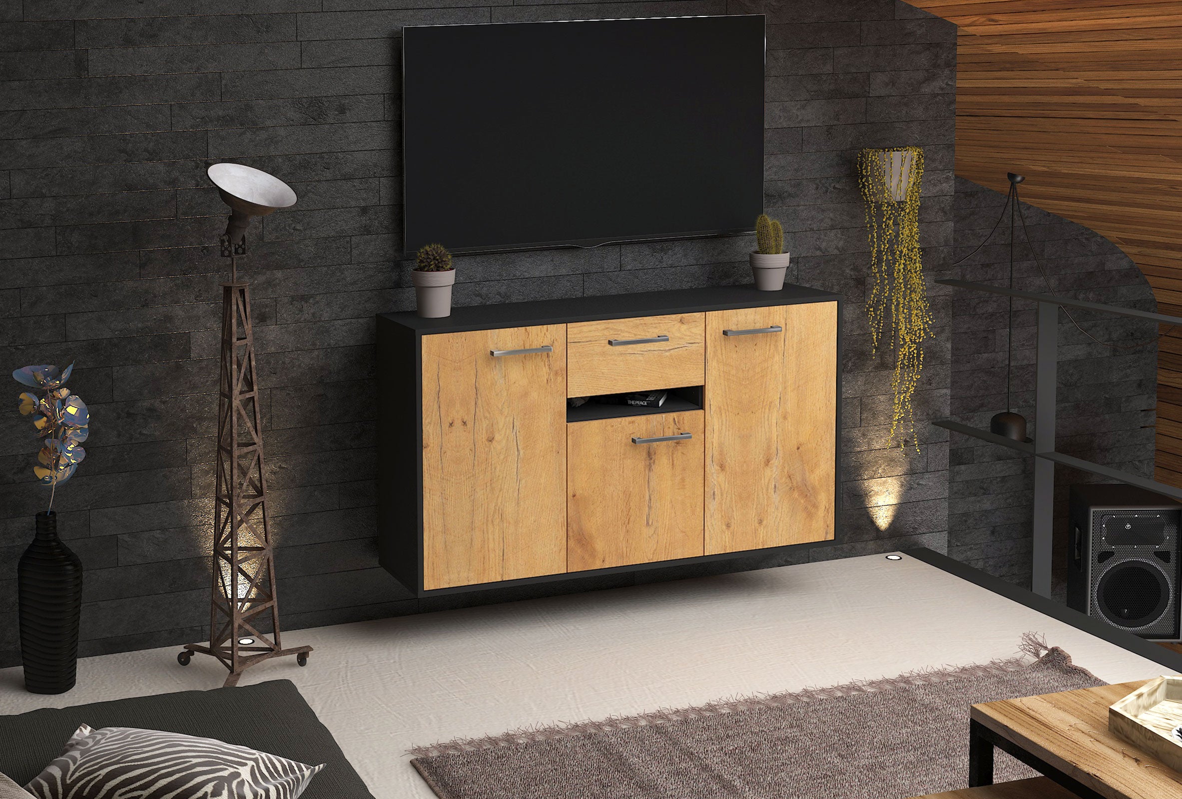 Sideboard - Dorina - Design Holzdekor - Wandmontage mit Griffe 136 cm Anthrazit