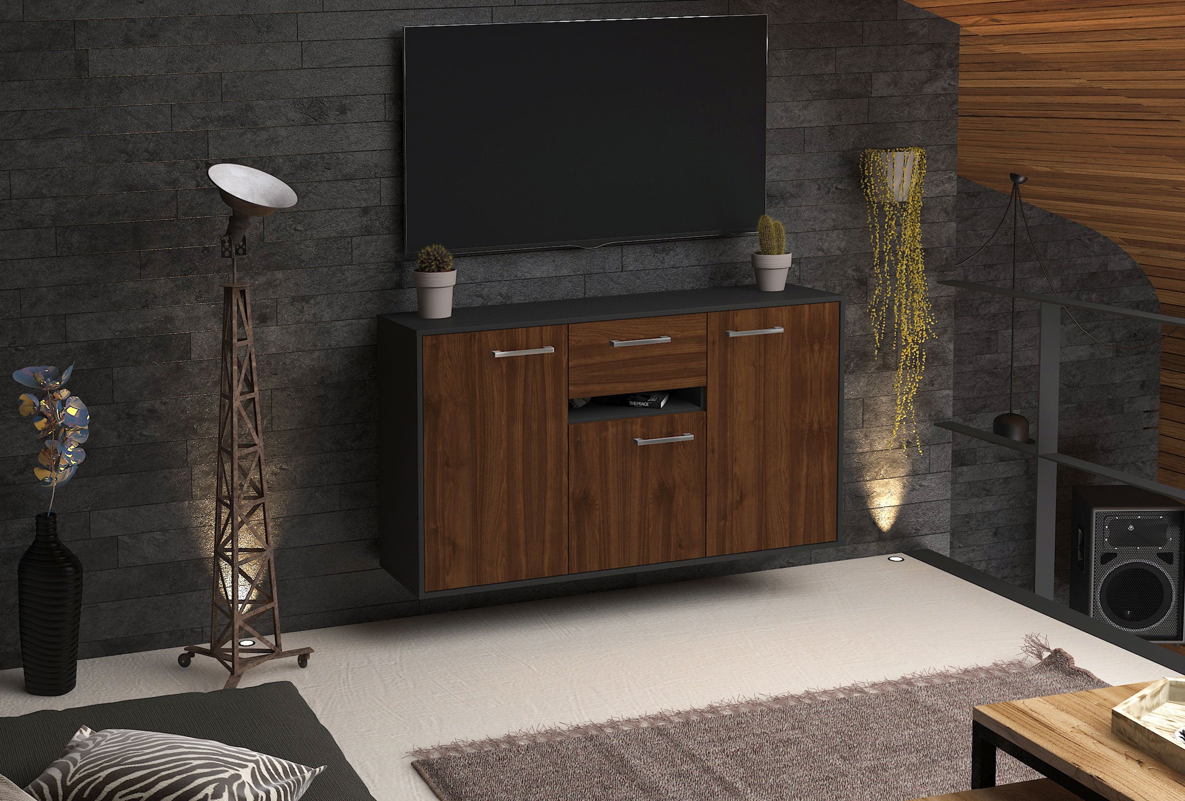 Sideboard - Dorina - Design Holzdekor - Wandmontage mit Griffe 136 cm Anthrazit