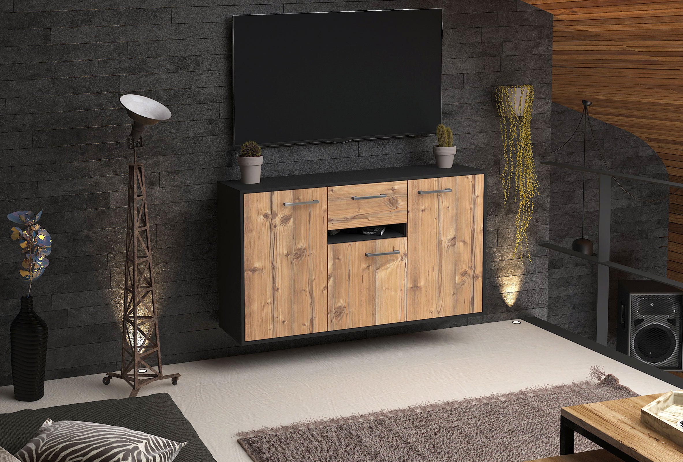 Sideboard - Dorina - Design Holzdekor - Wandmontage mit Griffe 136 cm Anthrazit