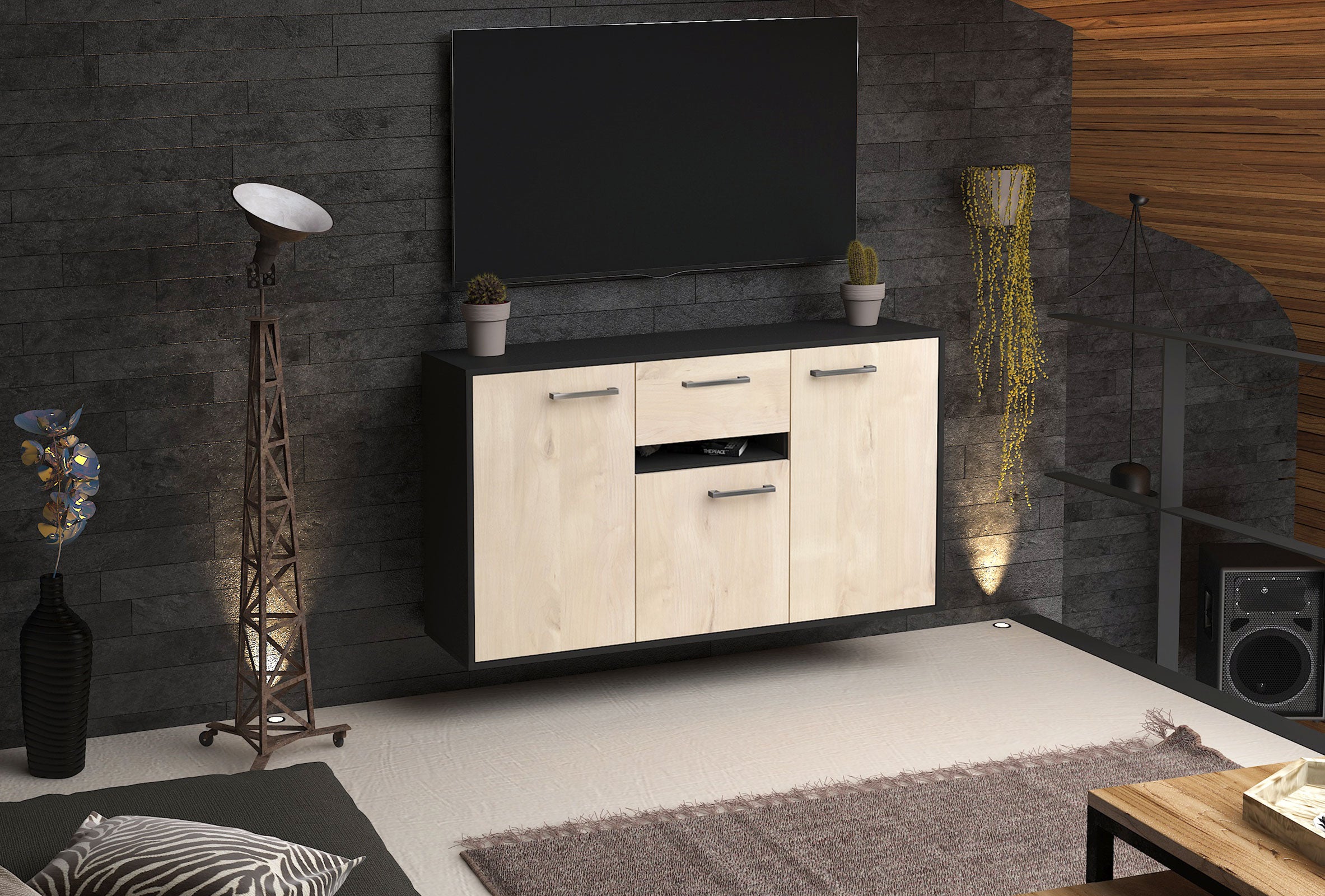 Sideboard - Dorina - Design Holzdekor - Wandmontage mit Griffe 136 cm Anthrazit