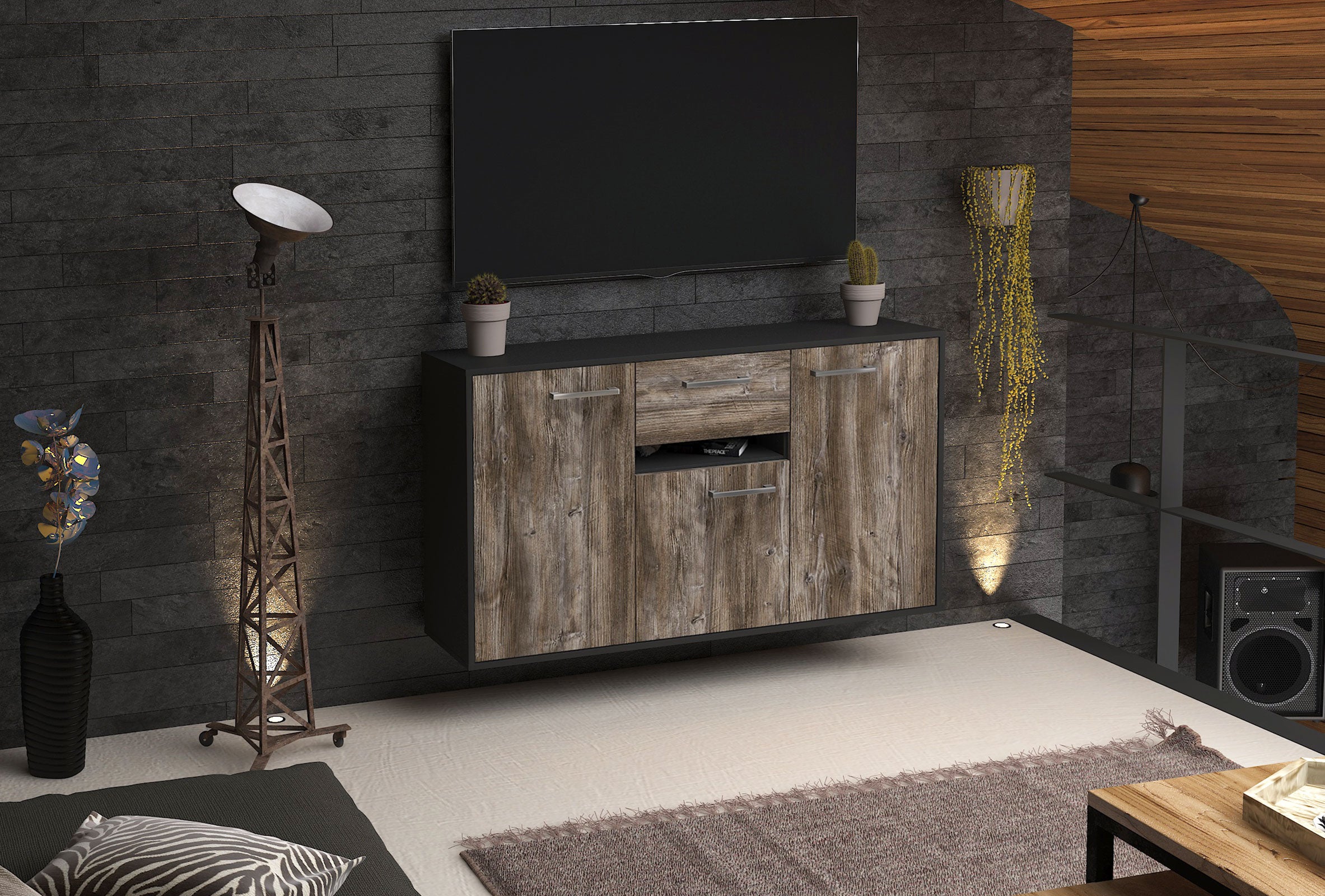 Sideboard - Dorina - Design Holzdekor - Wandmontage mit Griffe 136 cm Anthrazit