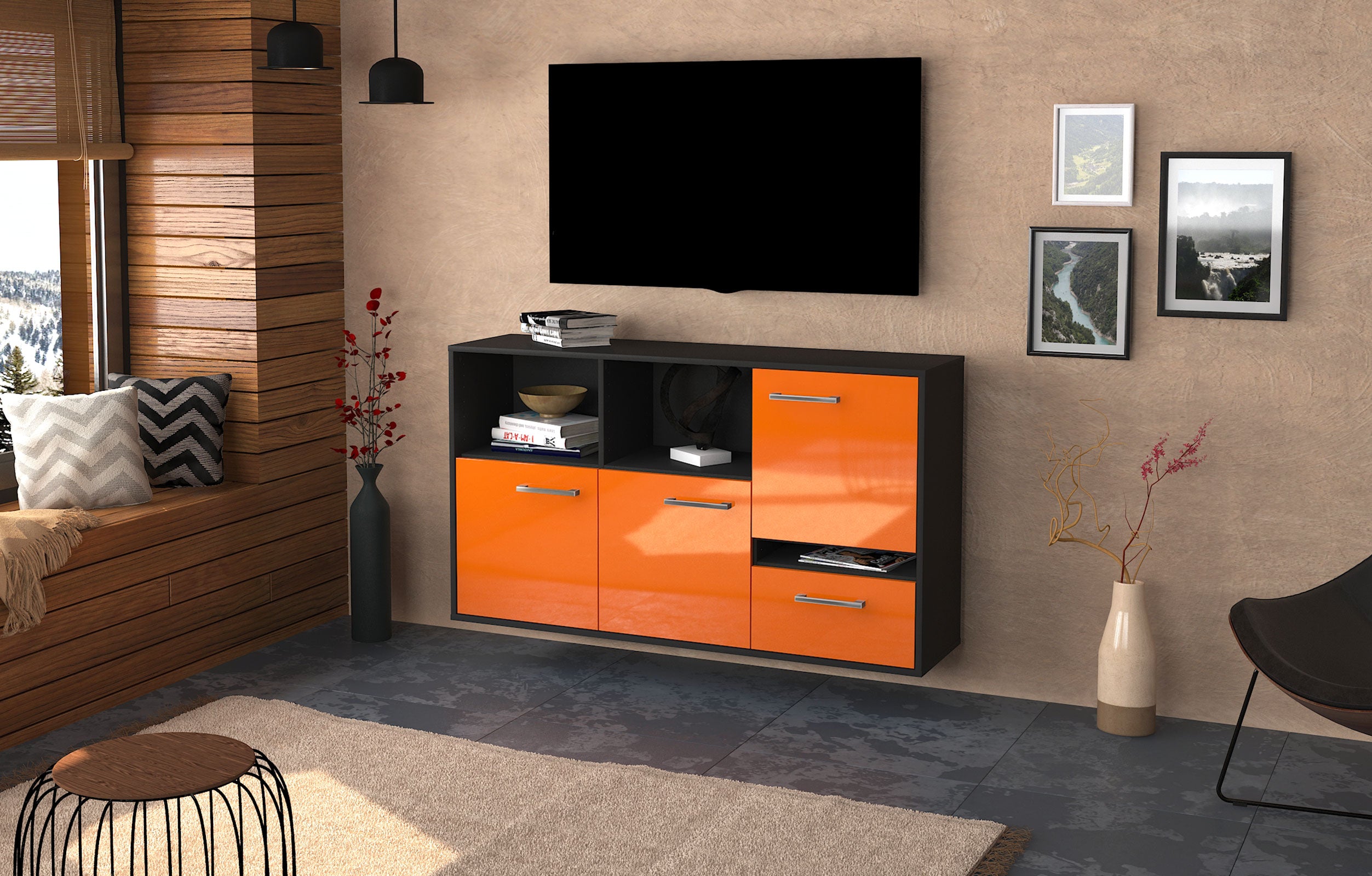 Sideboard - EDA - Design Hochglanz - Wandmontage mit Griffe 136 cm Anthrazit