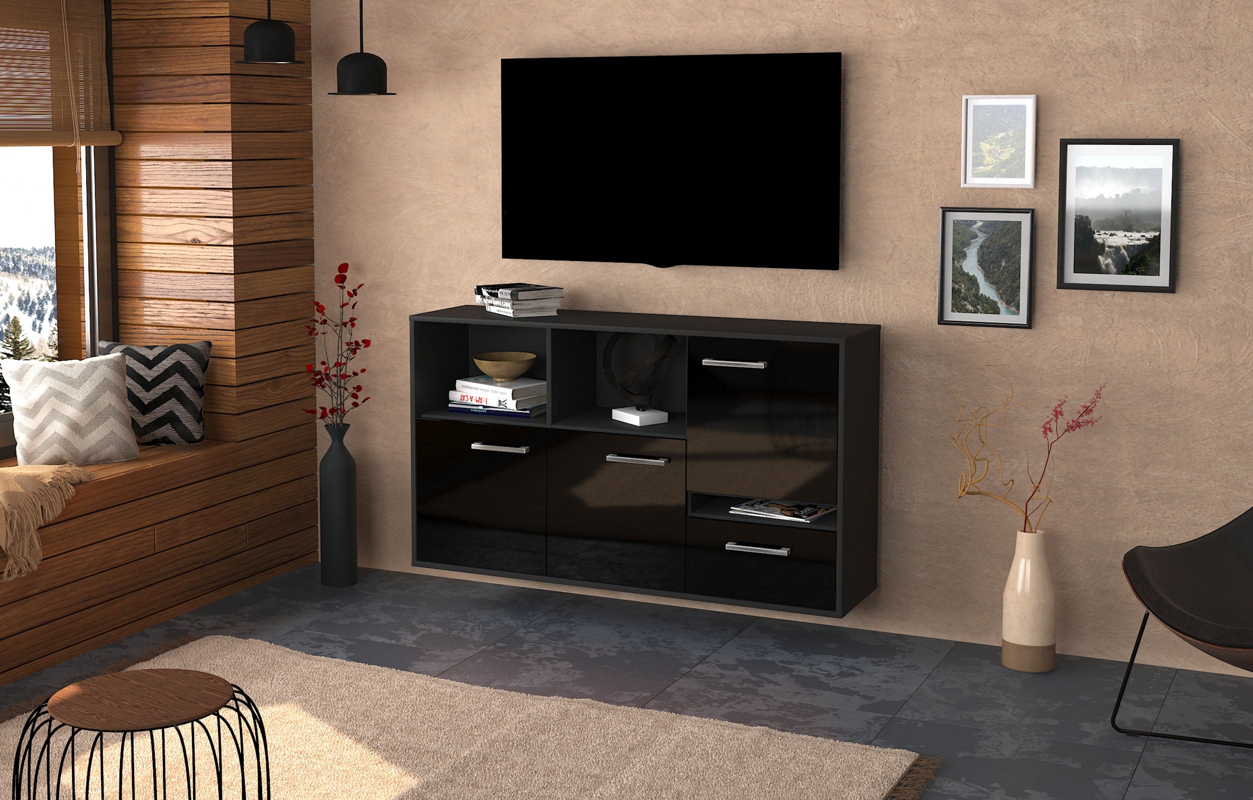 Sideboard - EDA - Design Hochglanz - Wandmontage mit Griffe 136 cm Anthrazit
