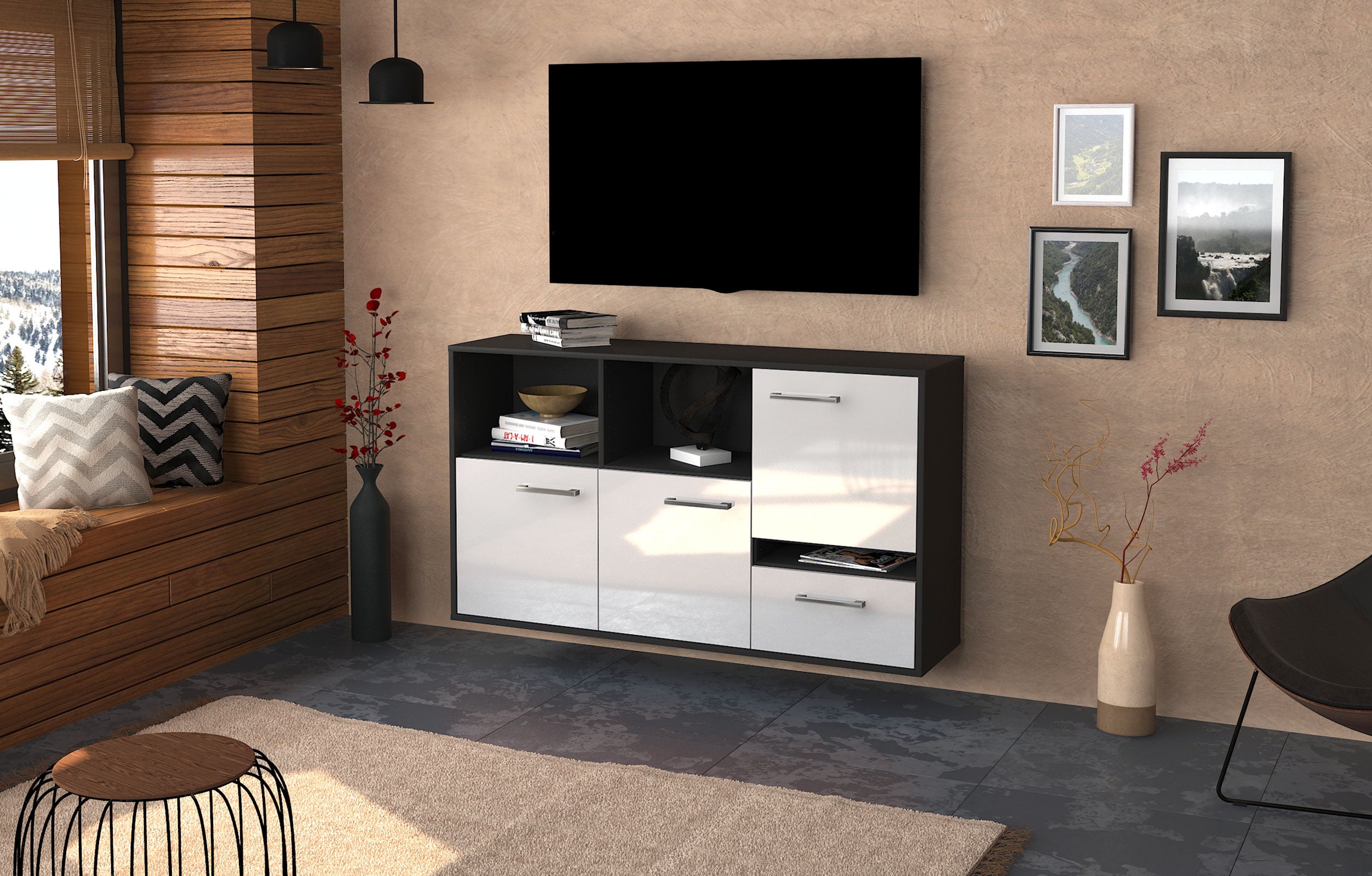 Sideboard - EDA - Design Hochglanz - Wandmontage mit Griffe 136 cm Anthrazit