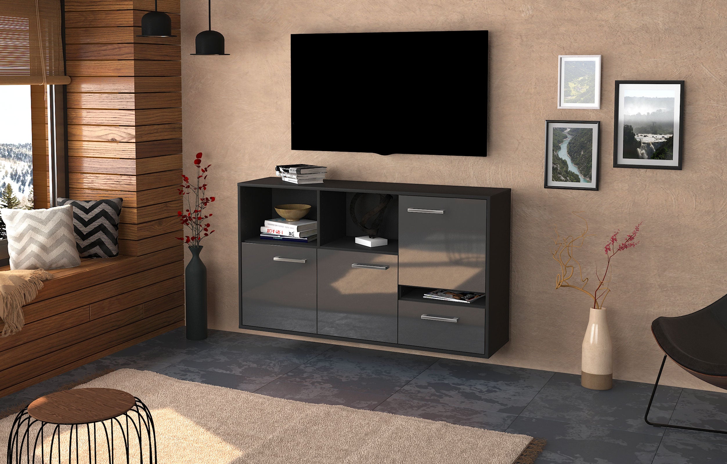 Sideboard - EDA - Design Hochglanz - Wandmontage mit Griffe 136 cm Anthrazit