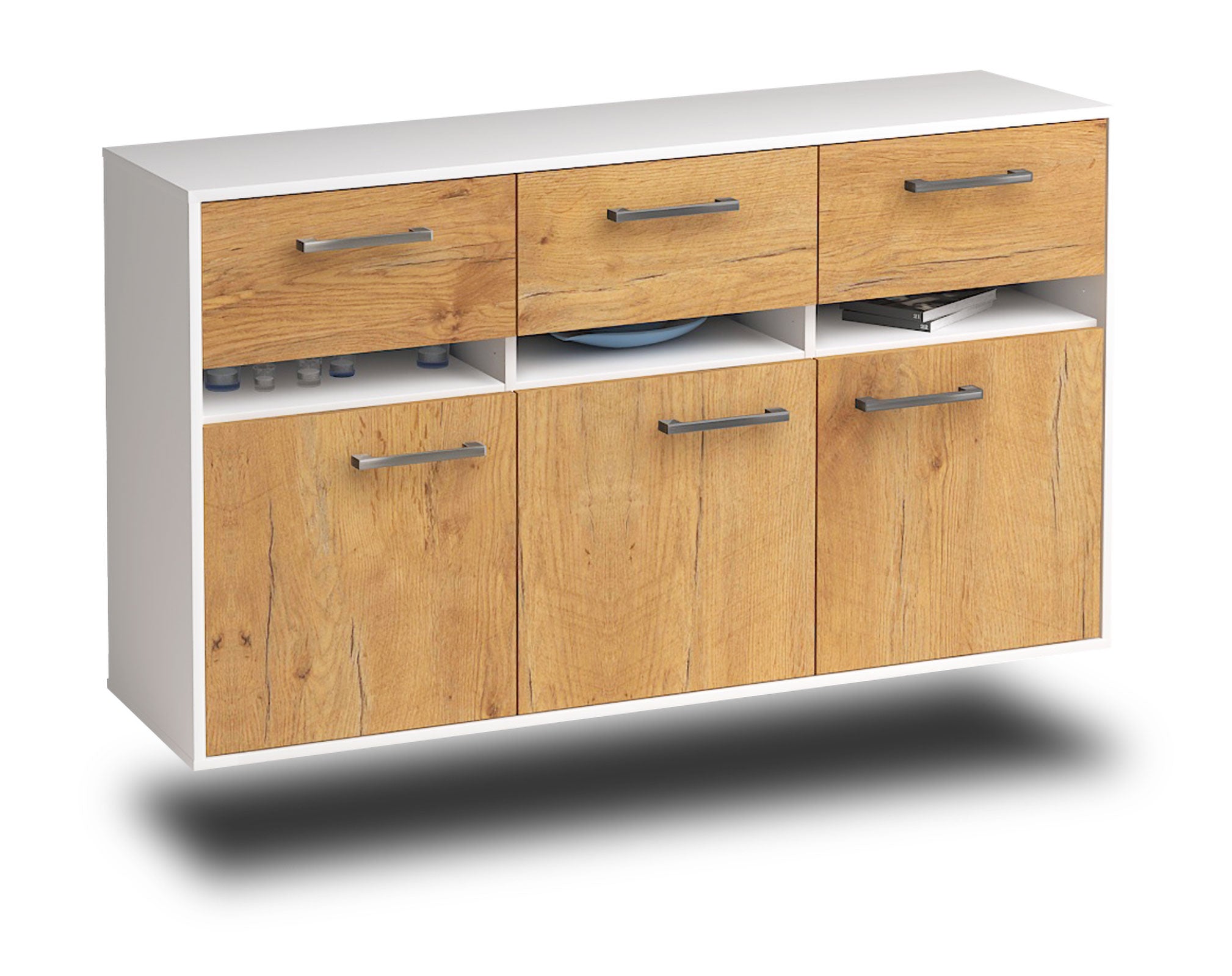 Sideboard - Dorinde - Design Holzdekor - Wandmontage mit Griffe 136 cm Weiss