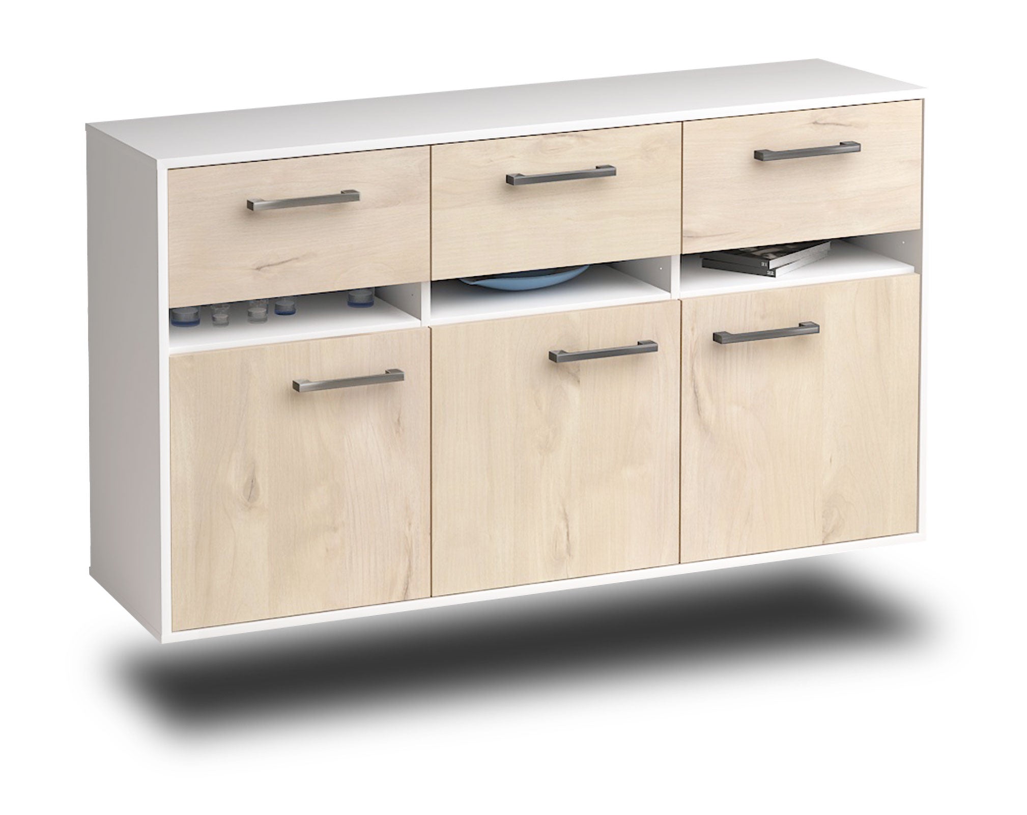 Sideboard - Dorinde - Design Holzdekor - Wandmontage mit Griffe 136 cm Weiss