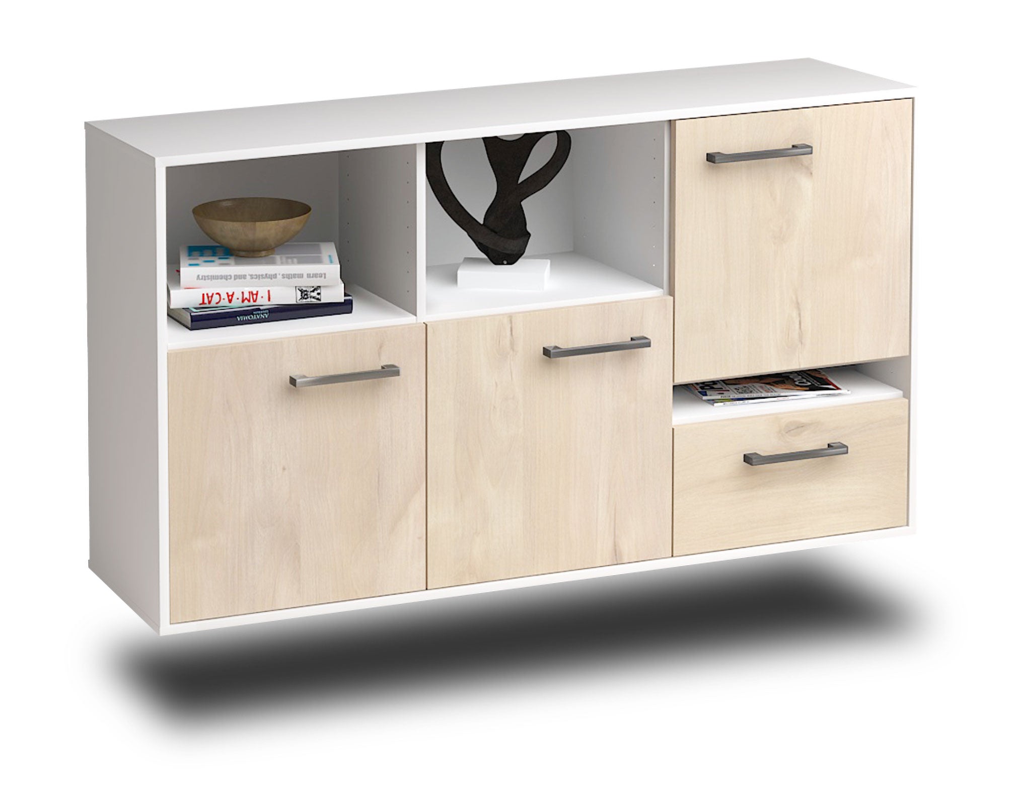 Sideboard - EDA - Design Holzdekor - Wandmontage mit Griffe 136 cm Weiss