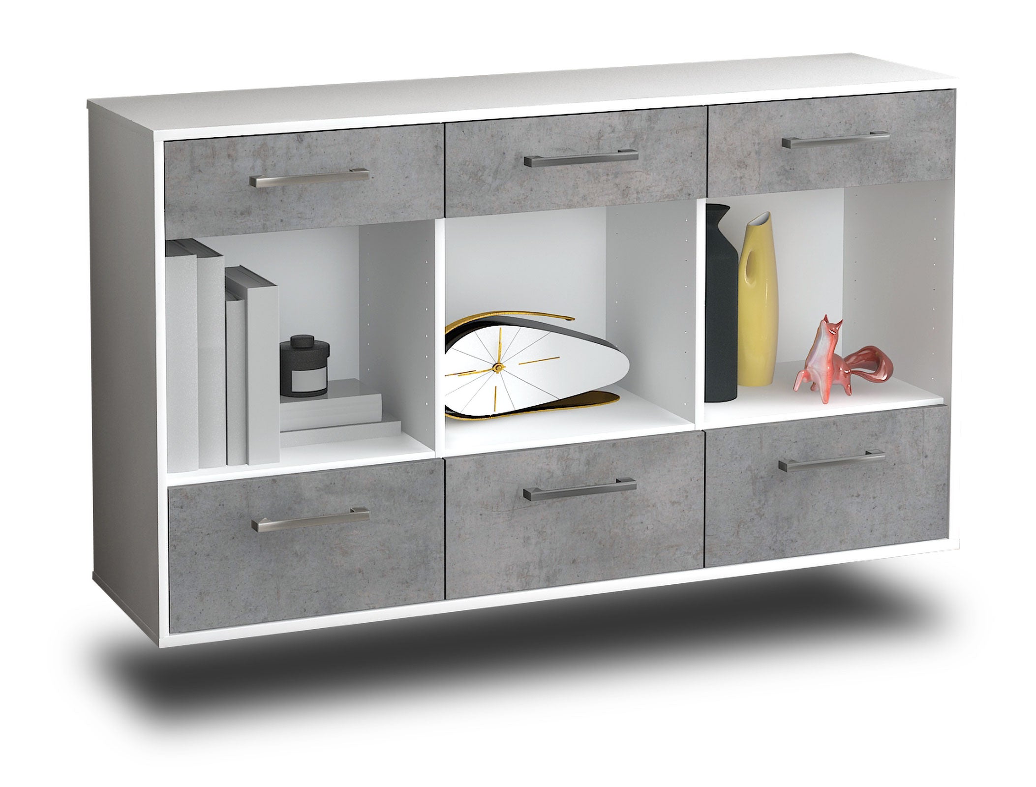 Sideboard - Efisia - Design Industrie Stil - Wandmontage mit Griffe 136 cm Weiss