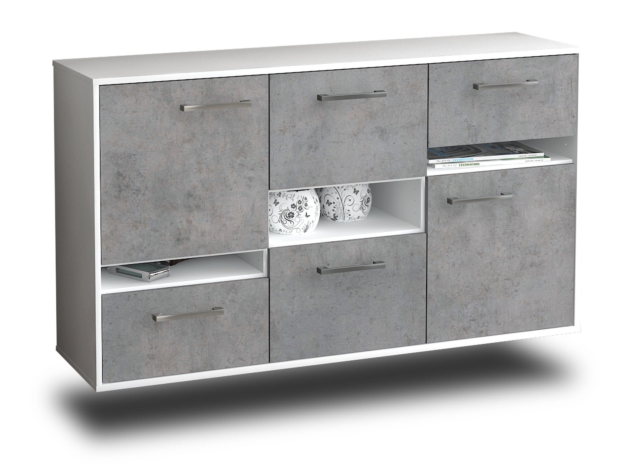 Sideboard - Egizia - Design Industrie Stil - Wandmontage mit Griffe 136 cm Weiss