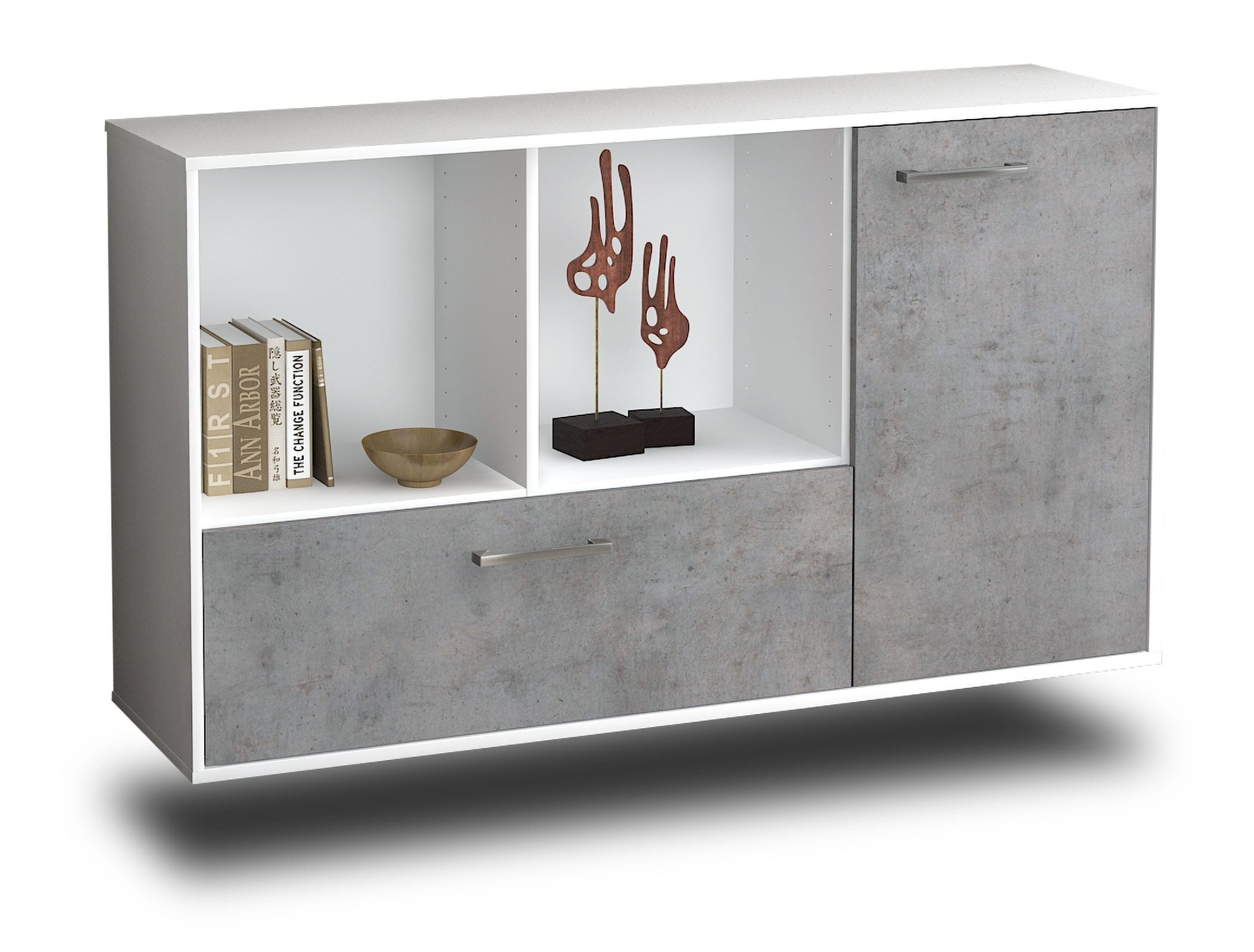 Sideboard - Ela - Design Industrie Stil - Wandmontage mit Griffe 136 cm Weiss